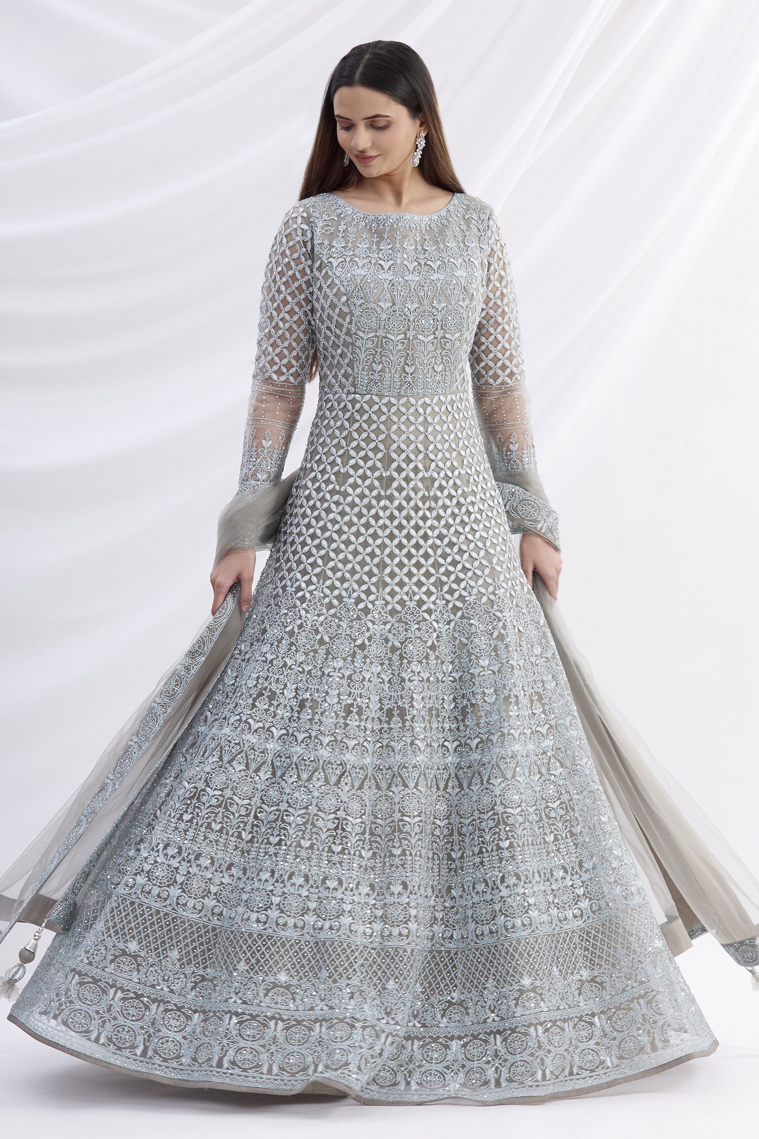 Buy Khwaab by Sanjana Lakhani Grey Net Embroidered Anarkali Set Online ...