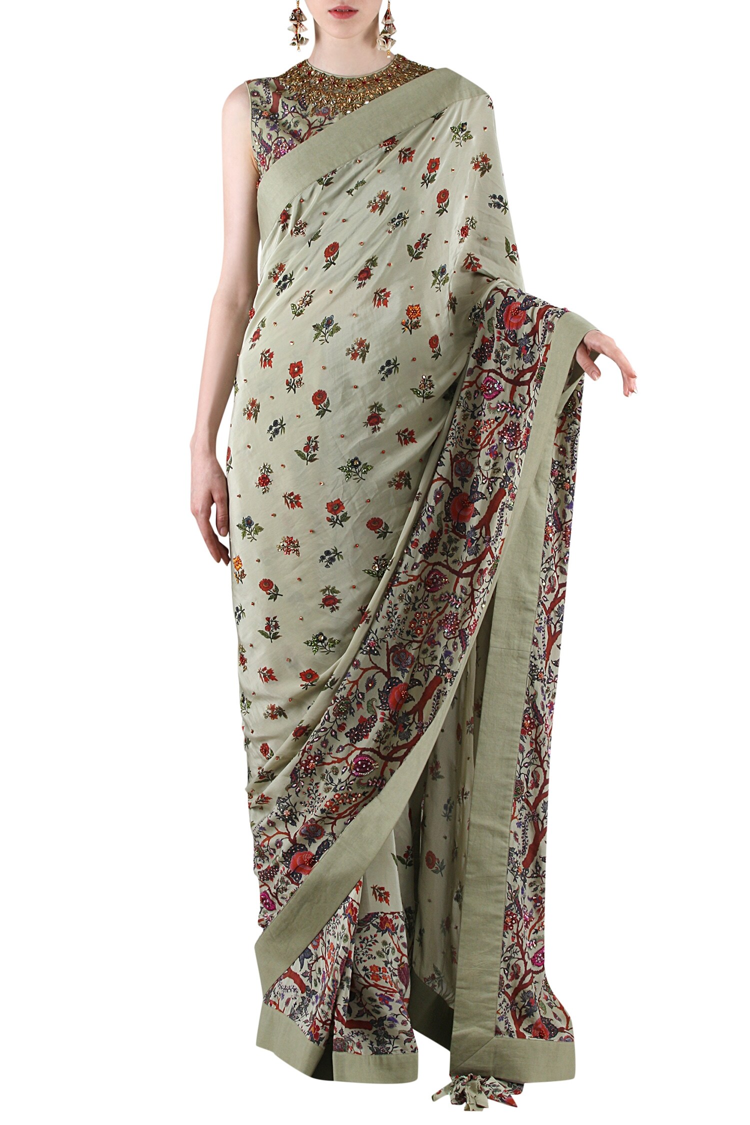 Nikasha Green Printed Saree With Blouse