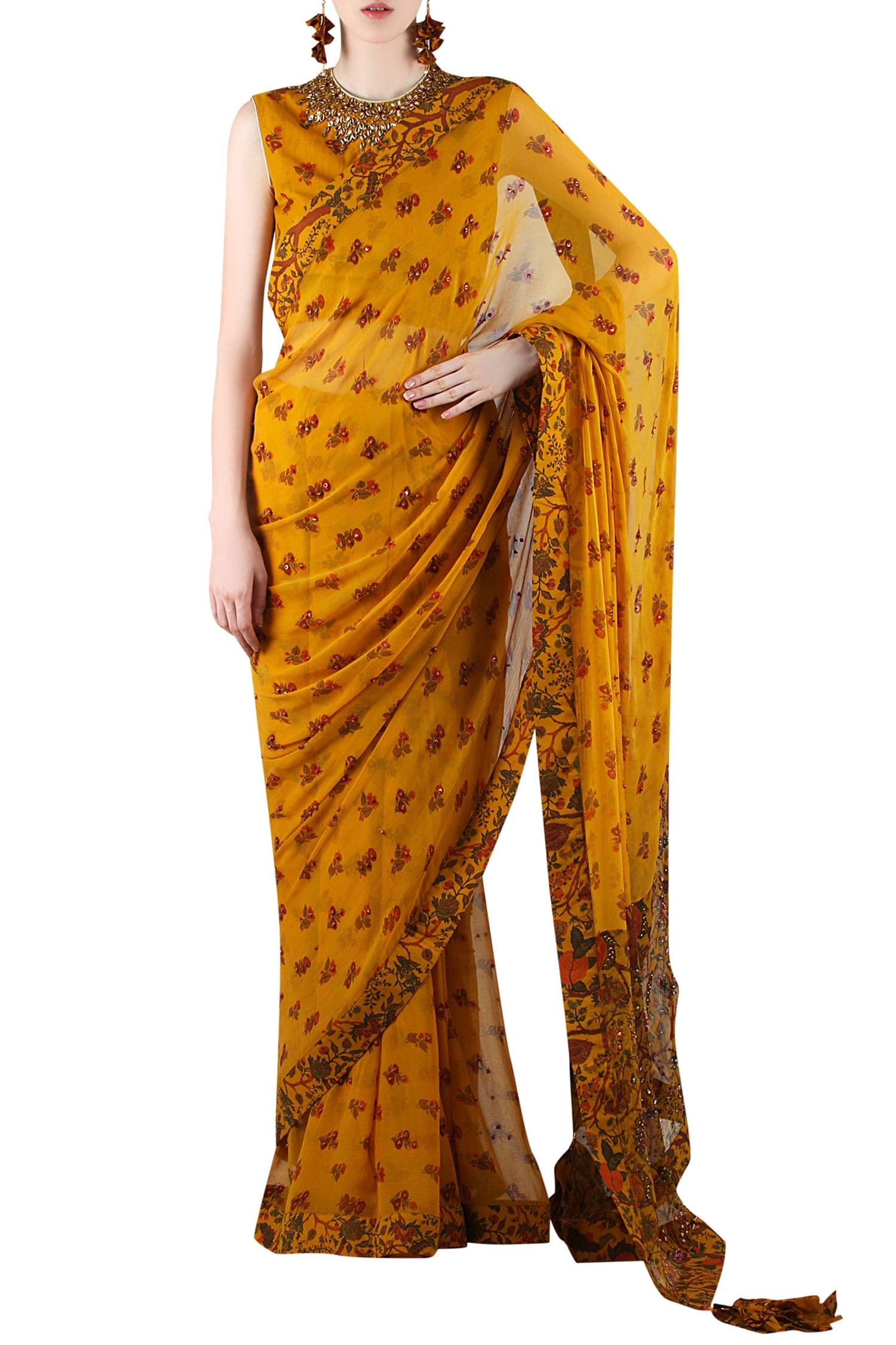 Nikasha Yellow Printed Saree With Blouse