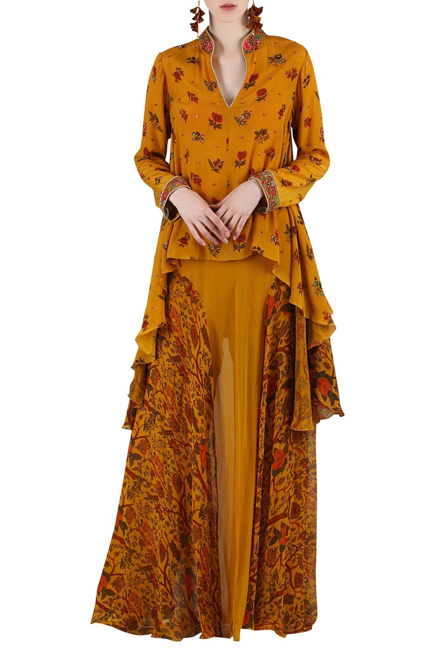 Nikasha Yellow Printed Floral Motifs V Neck Top And Flared Skirt Set For Women