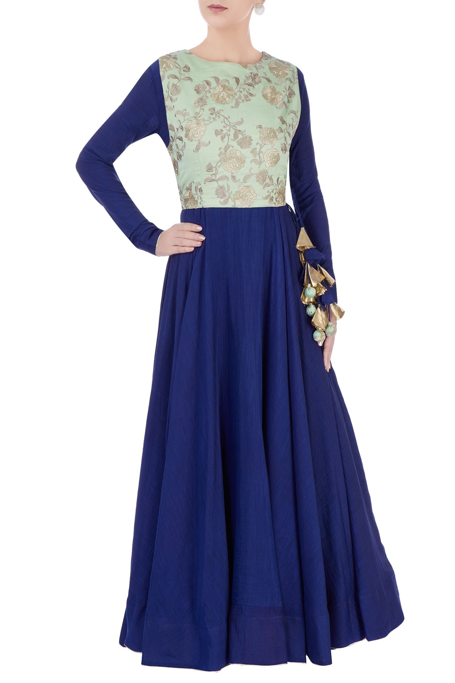 Buy Blue anarkali with floral embroidered top by Aksh at Aza Fashions
