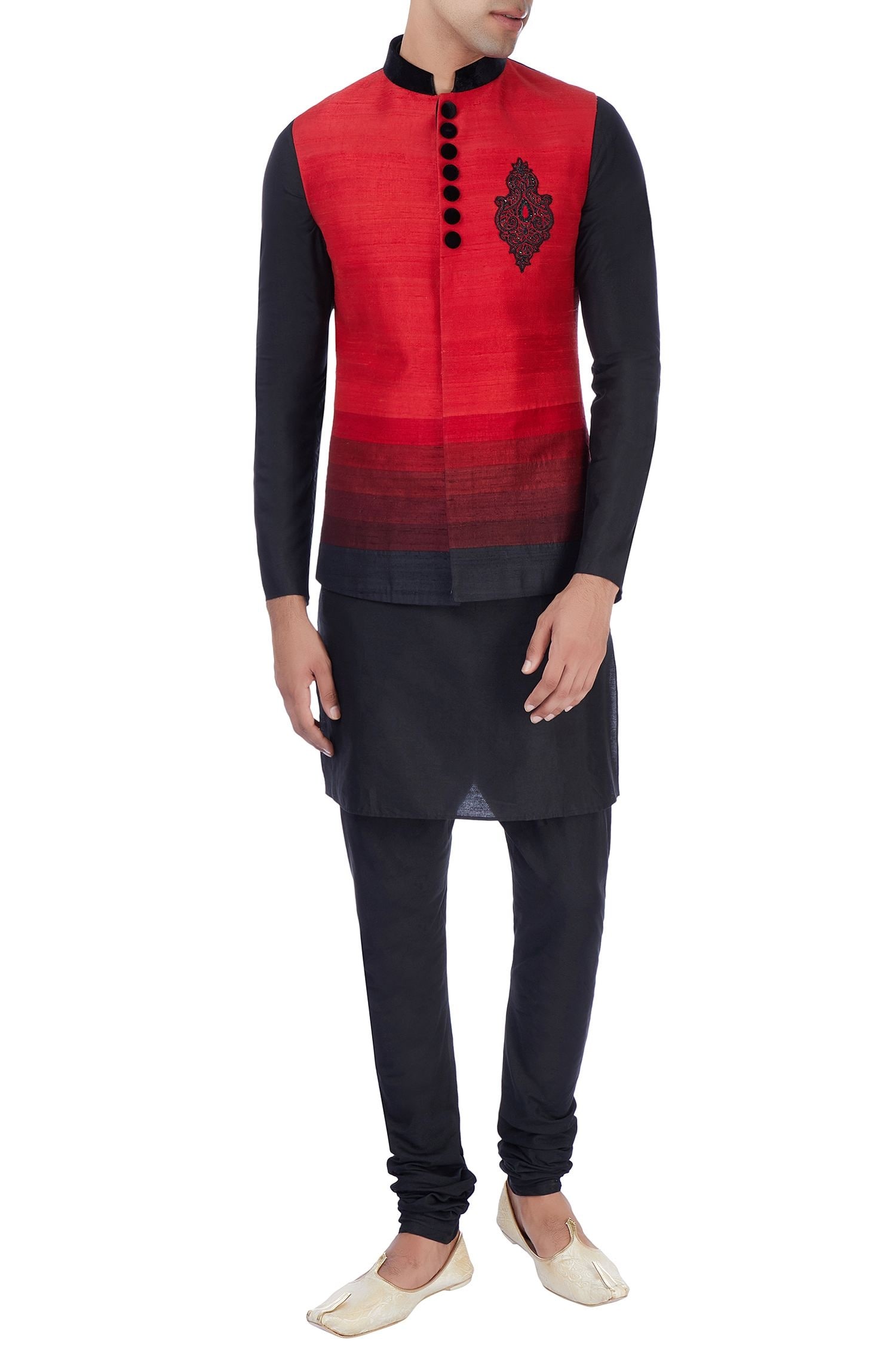 Manish Nagdeo Black Red And Nehru Jacket With Kurta & Trousers For Men