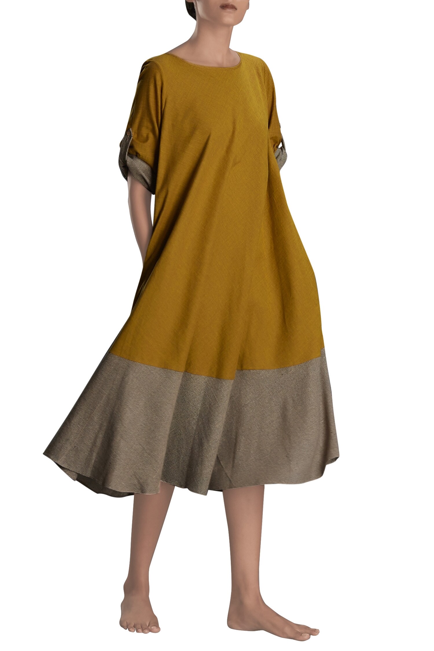 Buy Mati Yellow Mustard And Khaki Flared Dress Online | Aza Fashions