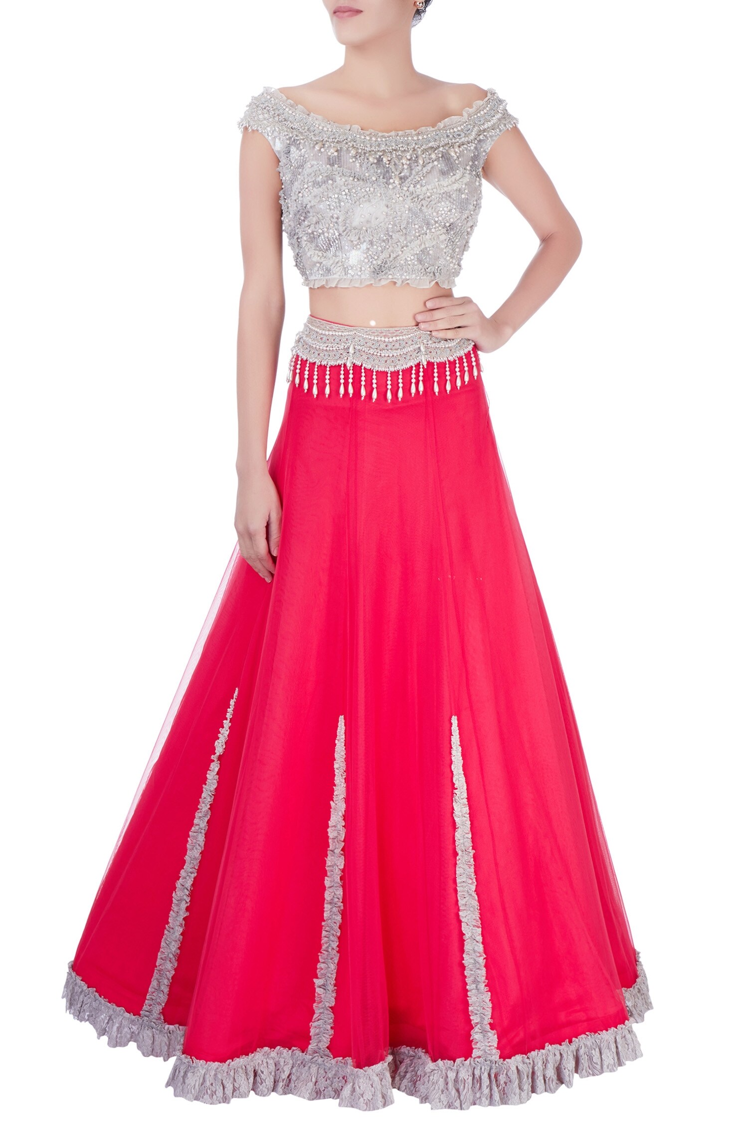 Buy Watermelon red ruffle lace lehenga & blouse by Dilnaz Karbhary at ...