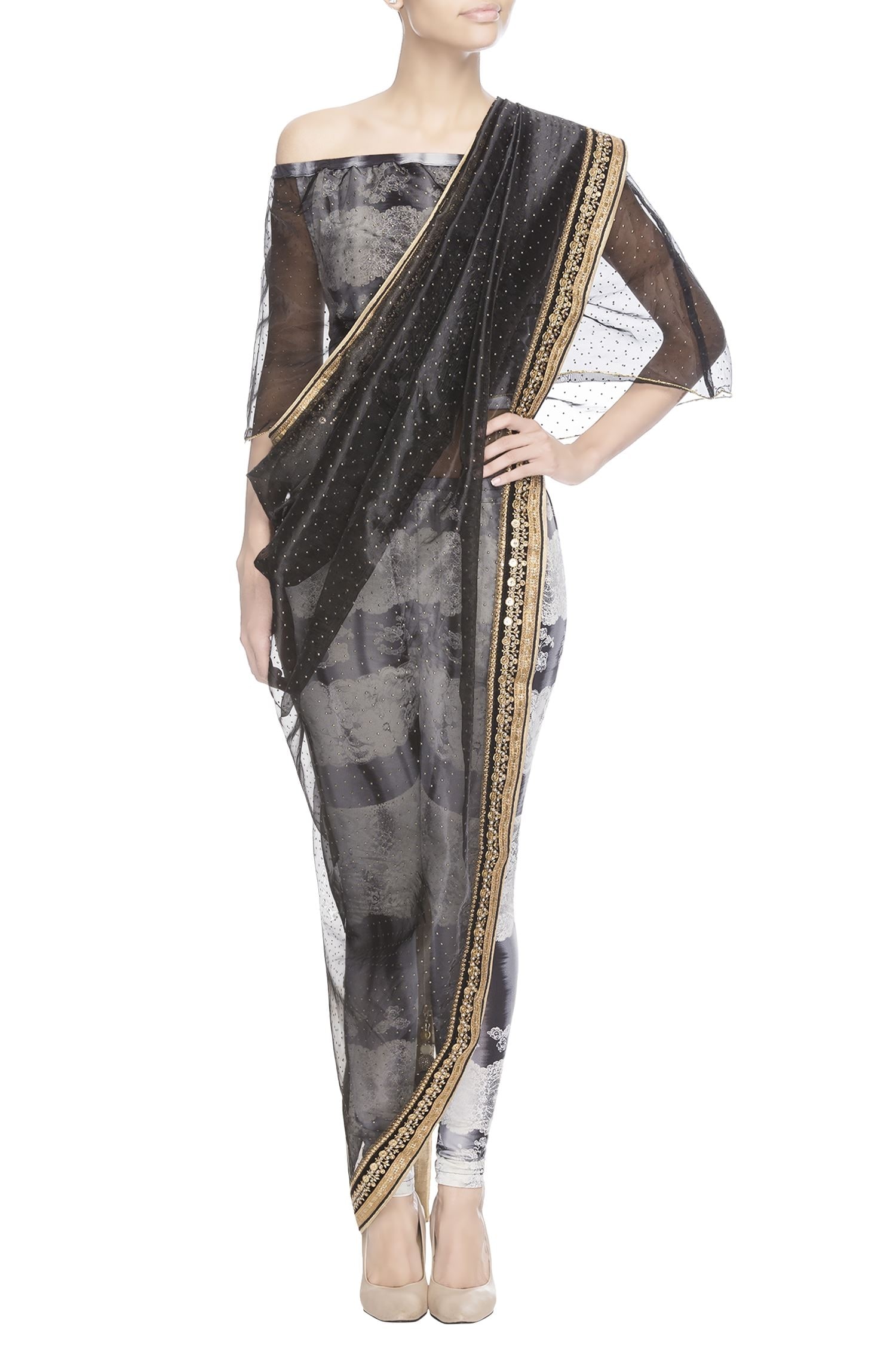 Buy Black studded saree with crop top by Anita Kanwal at Aza Fashions