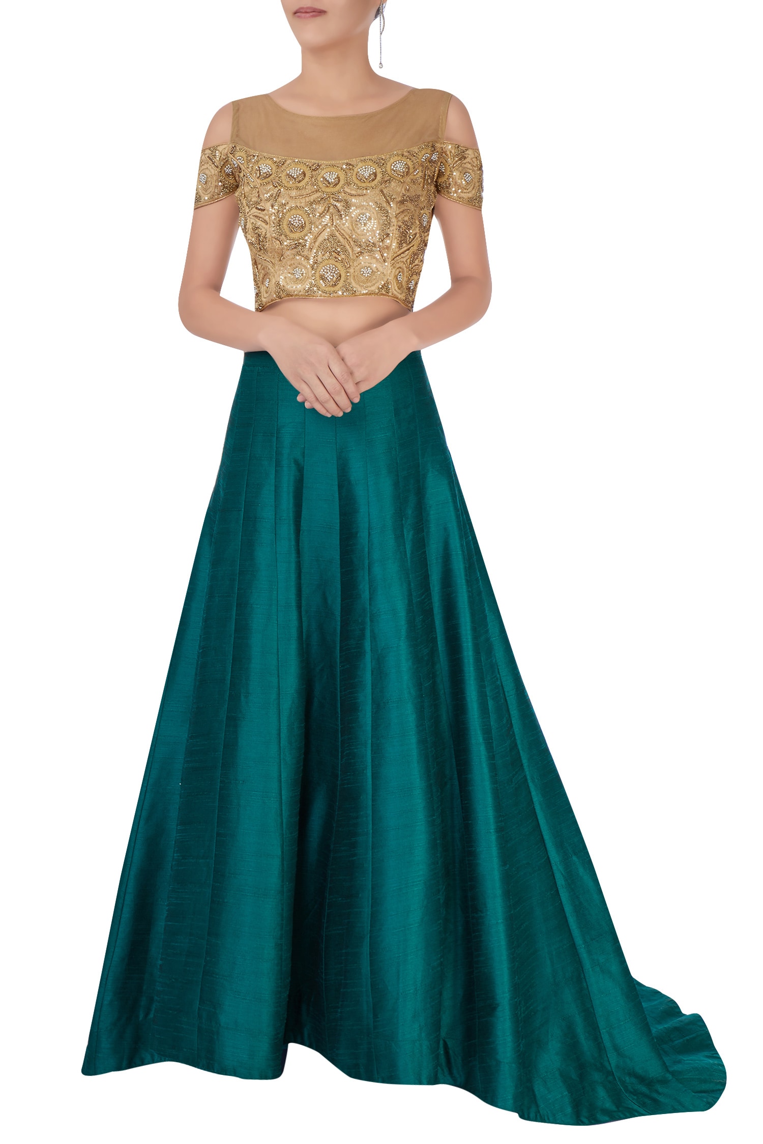 Buy Divya Kanakia Emerald Green Lehenga With Gold Blouse Online | Aza ...