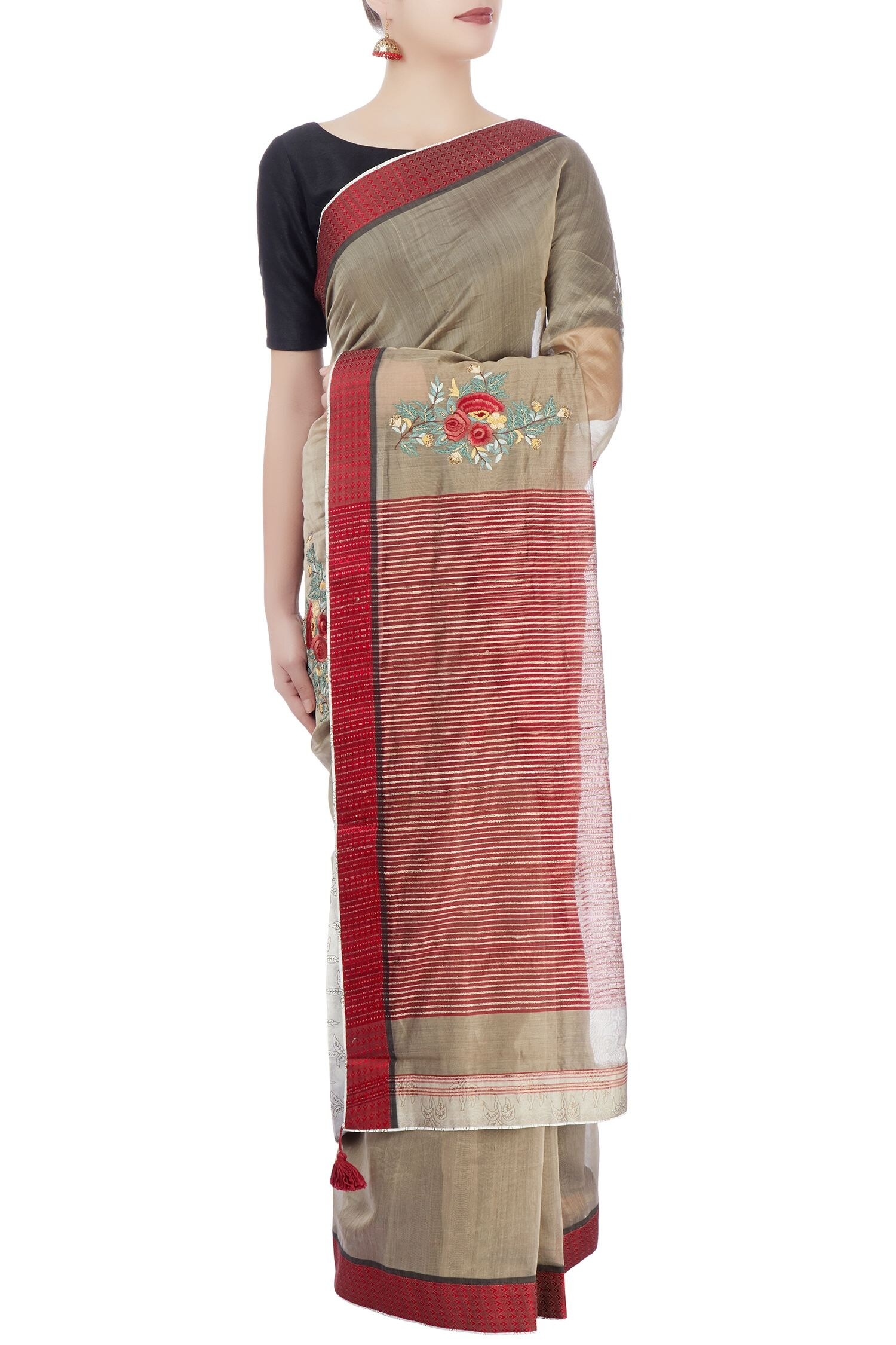Prama by Pratima Pandey Red Floral Printed And Striped Saree