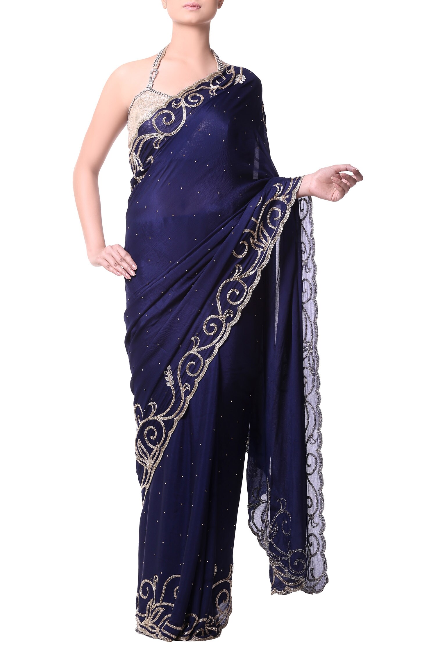 Buy Kommal Sood Blue Chinon Embroidered Saree Online | Aza Fashions