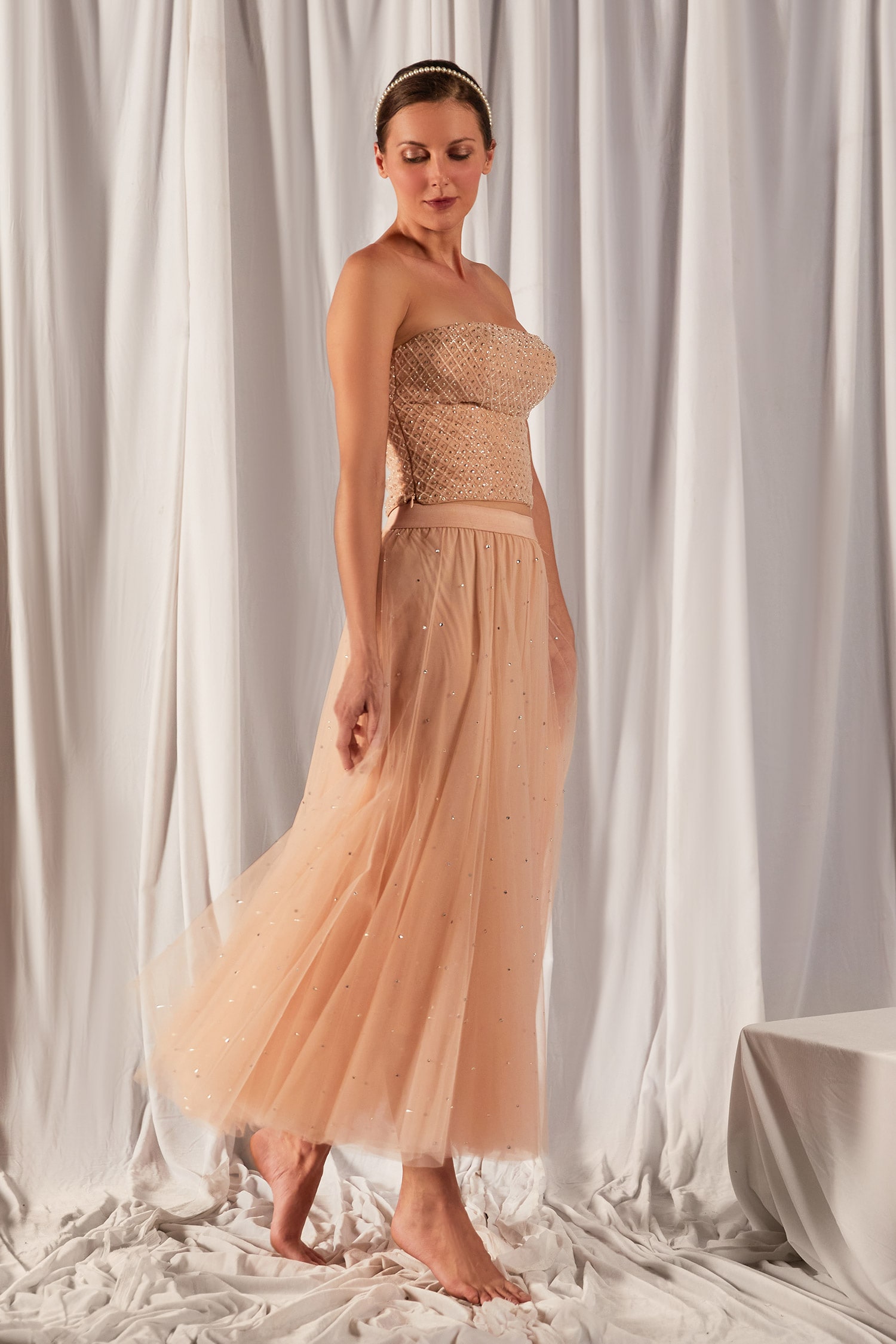 Cherie D Peach Tulle Embroidered Corset And Skirt Set