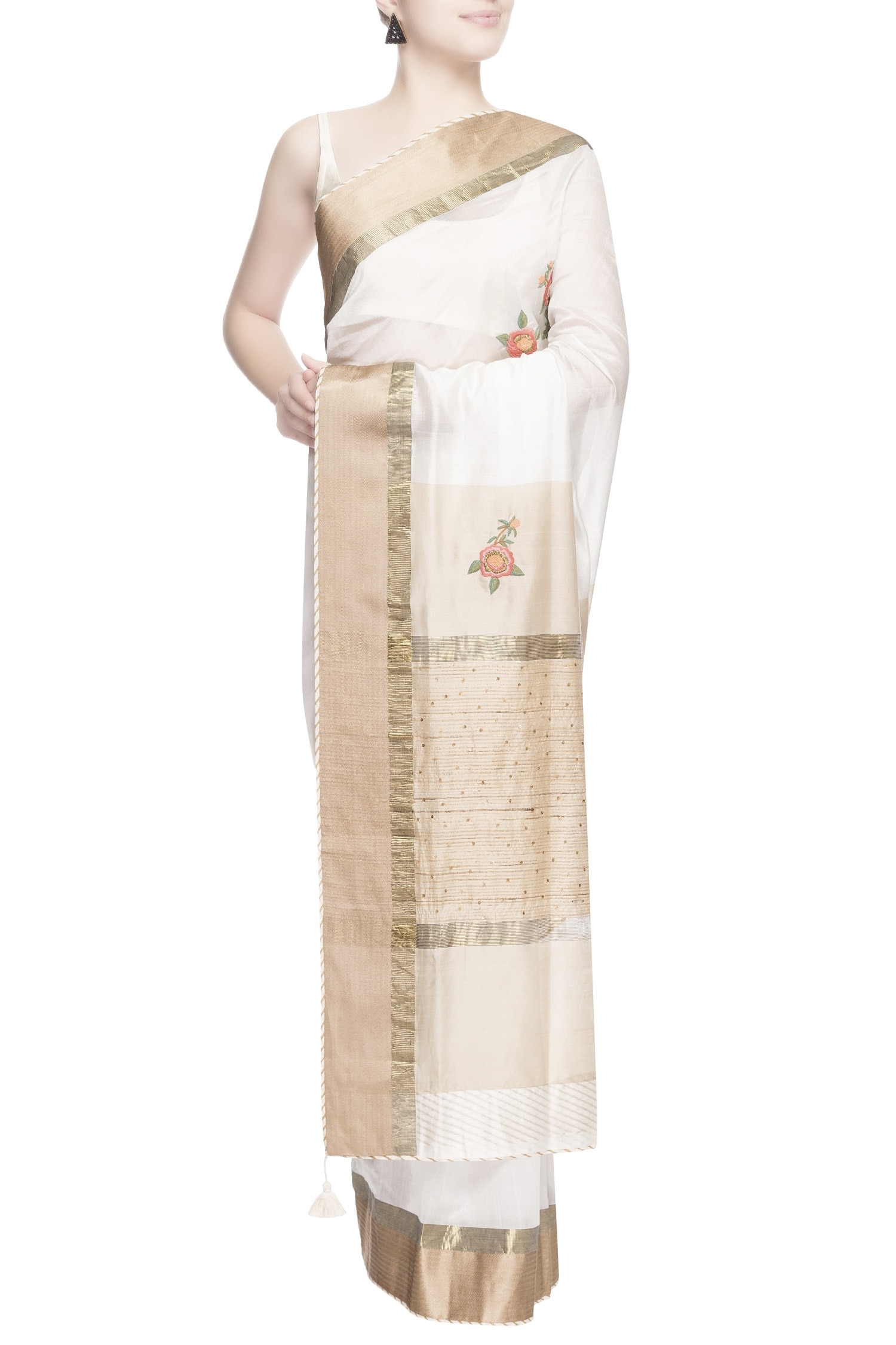 Prama by Pratima Pandey Gold Chanderi Silk Embroidered Thread Work Saree For Women