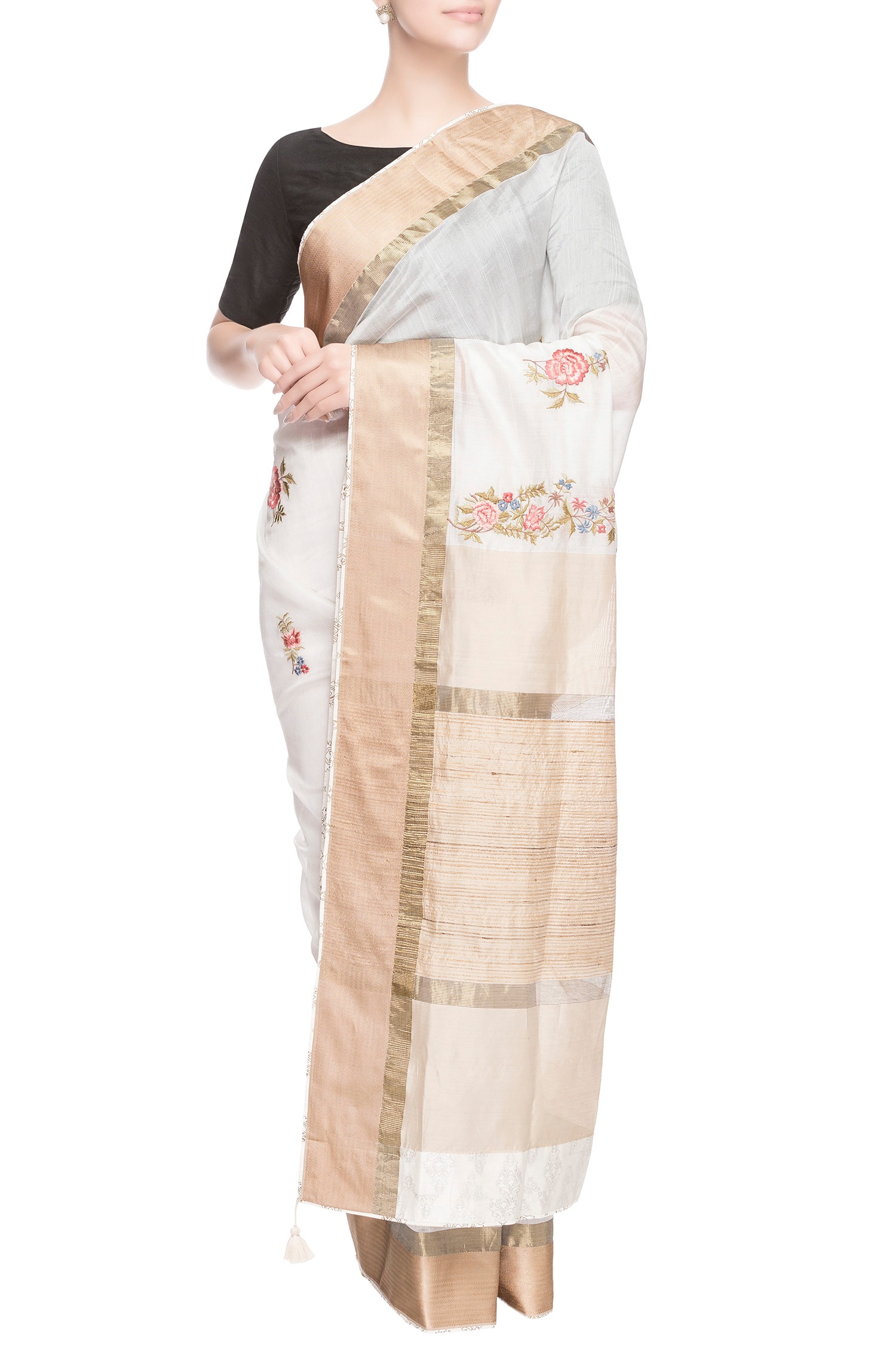Prama by Pratima Pandey Gold Kora Cotton Embroidered Thread Work Chanderi Silk Saree For Women