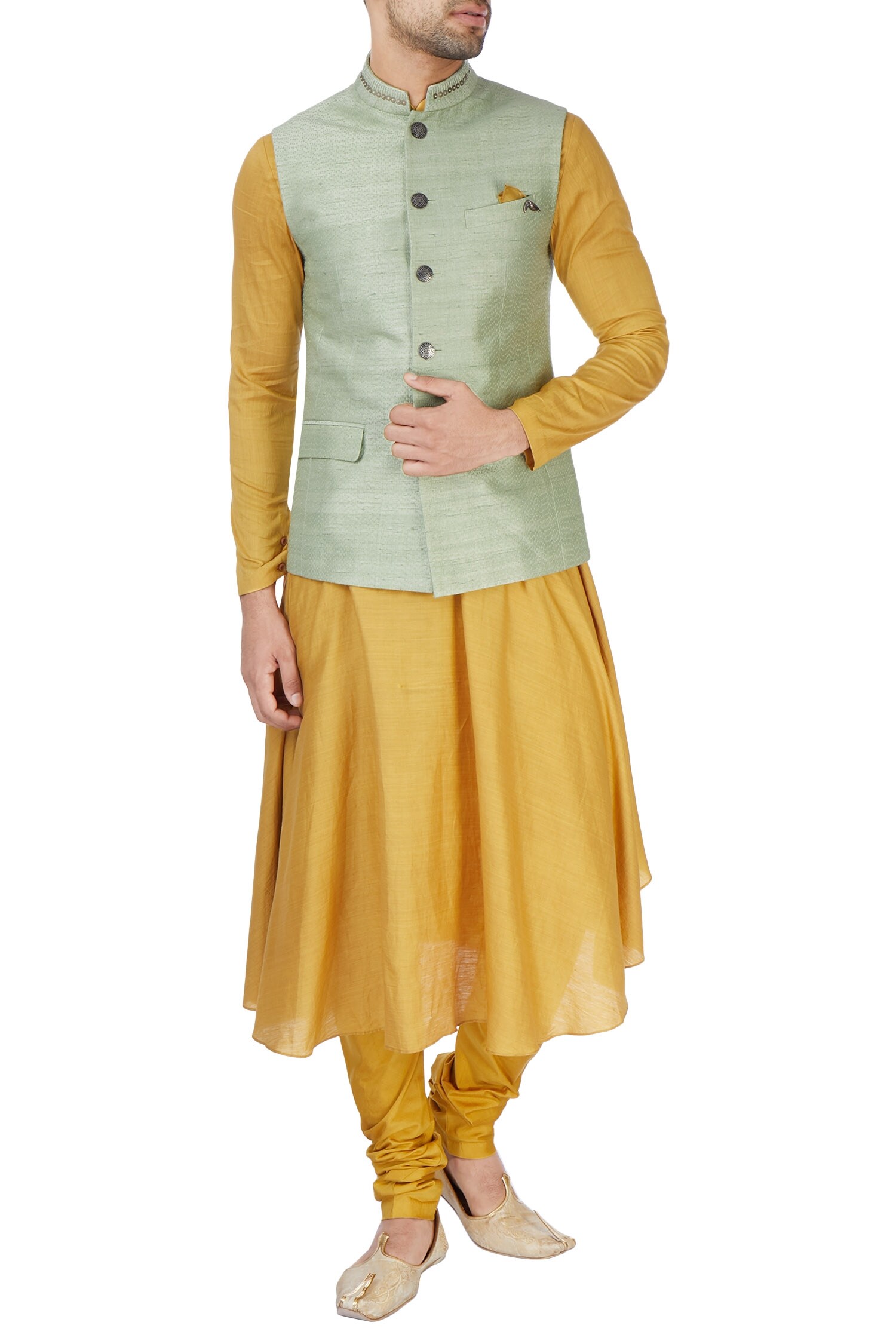 Buy Mustard yellow kurta set with waistcoat by Divyam Mehta Men at