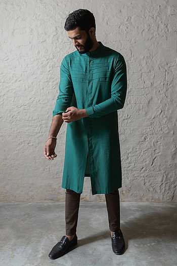 Men Green Cotton Embroidered Kurta Set 