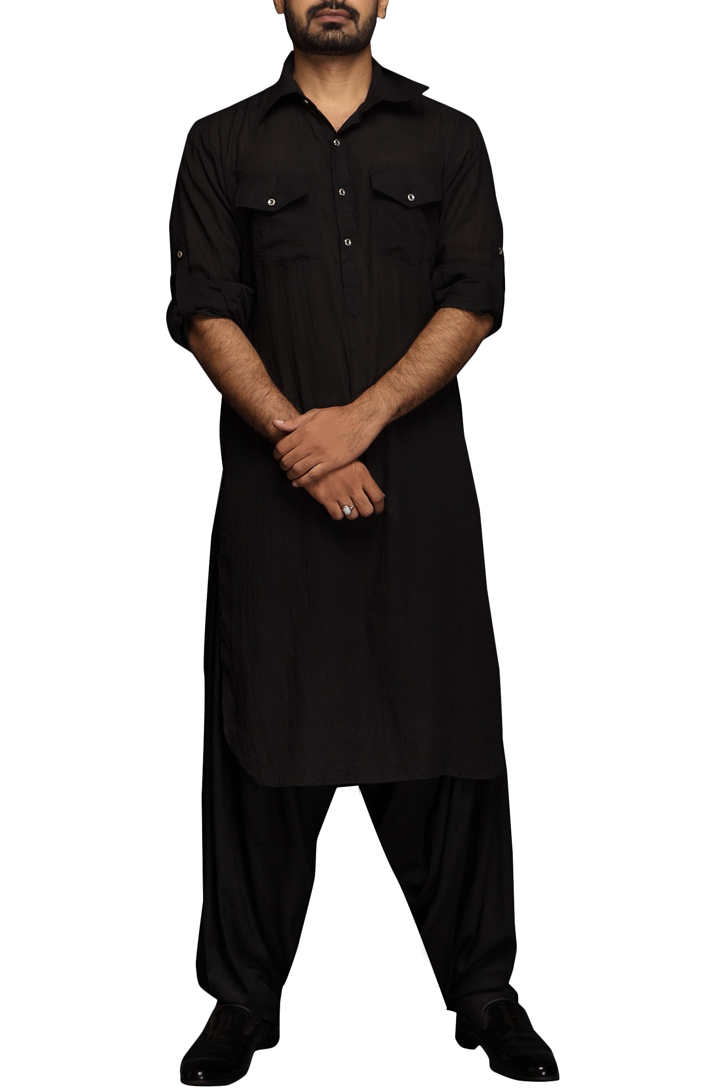 Buy Black Banana Fiber Pathani Kurta Salwar Set For Men by