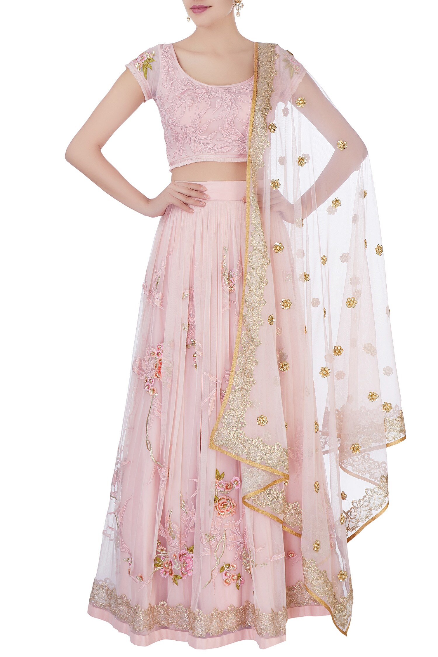 White and pink mirror work lehenga set available only at IBFW