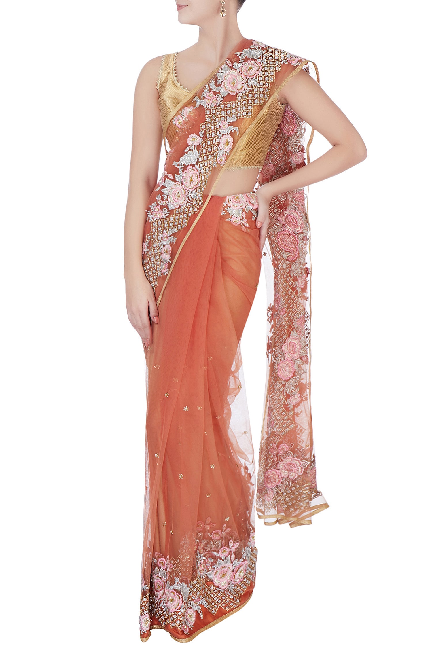 Buy Bhairavi Jaikishan Peach Floral Embroidered Saree Online Aza Fashions