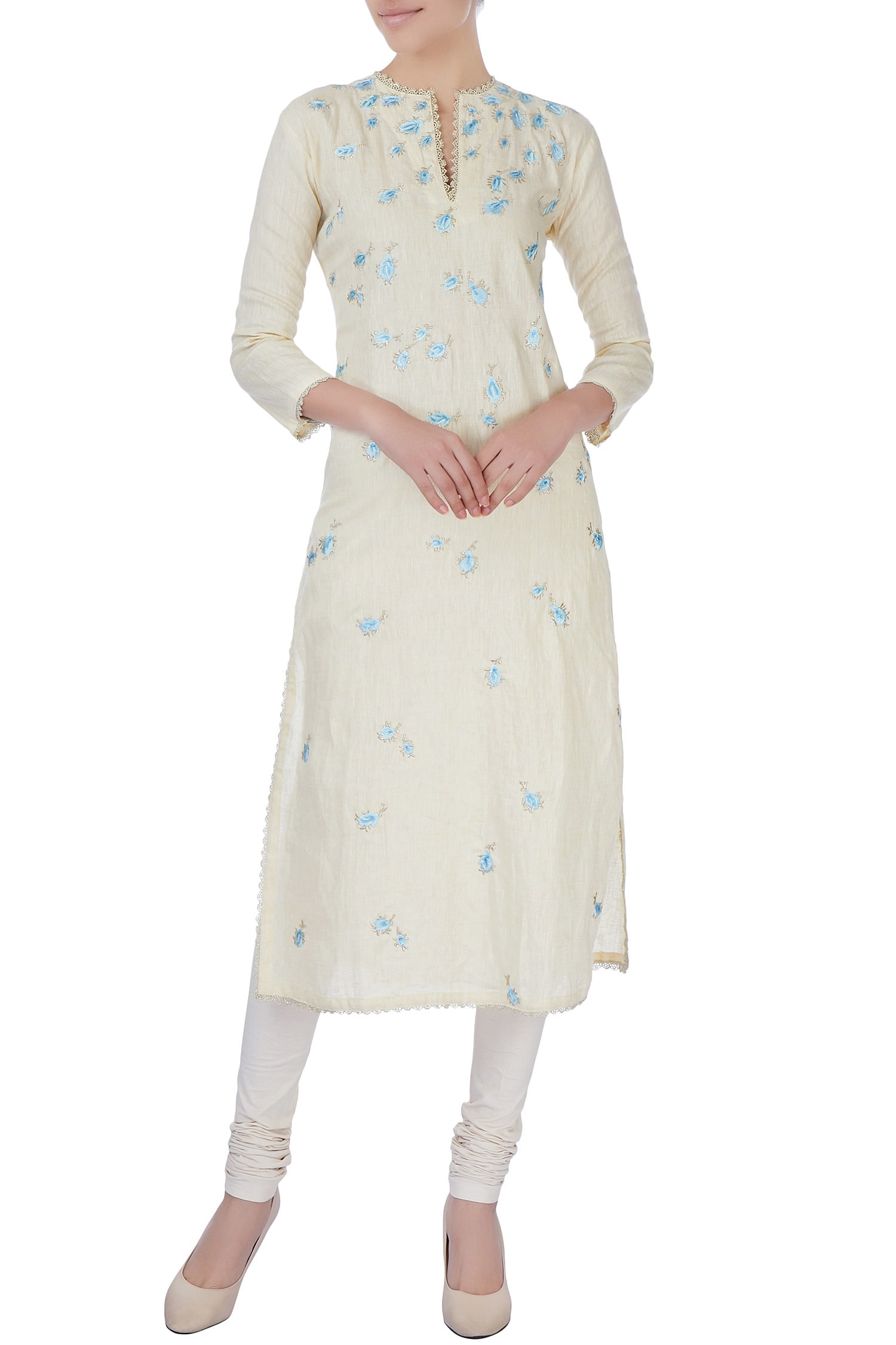 Bhairavi Jaikishan Yellow Linen Floral Embroidered Kurta