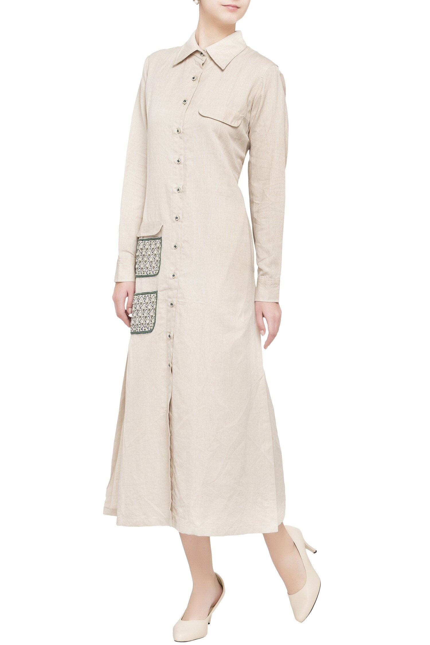 Buy Beige linen shirt collar dress by Aekatri at Aza Fashions