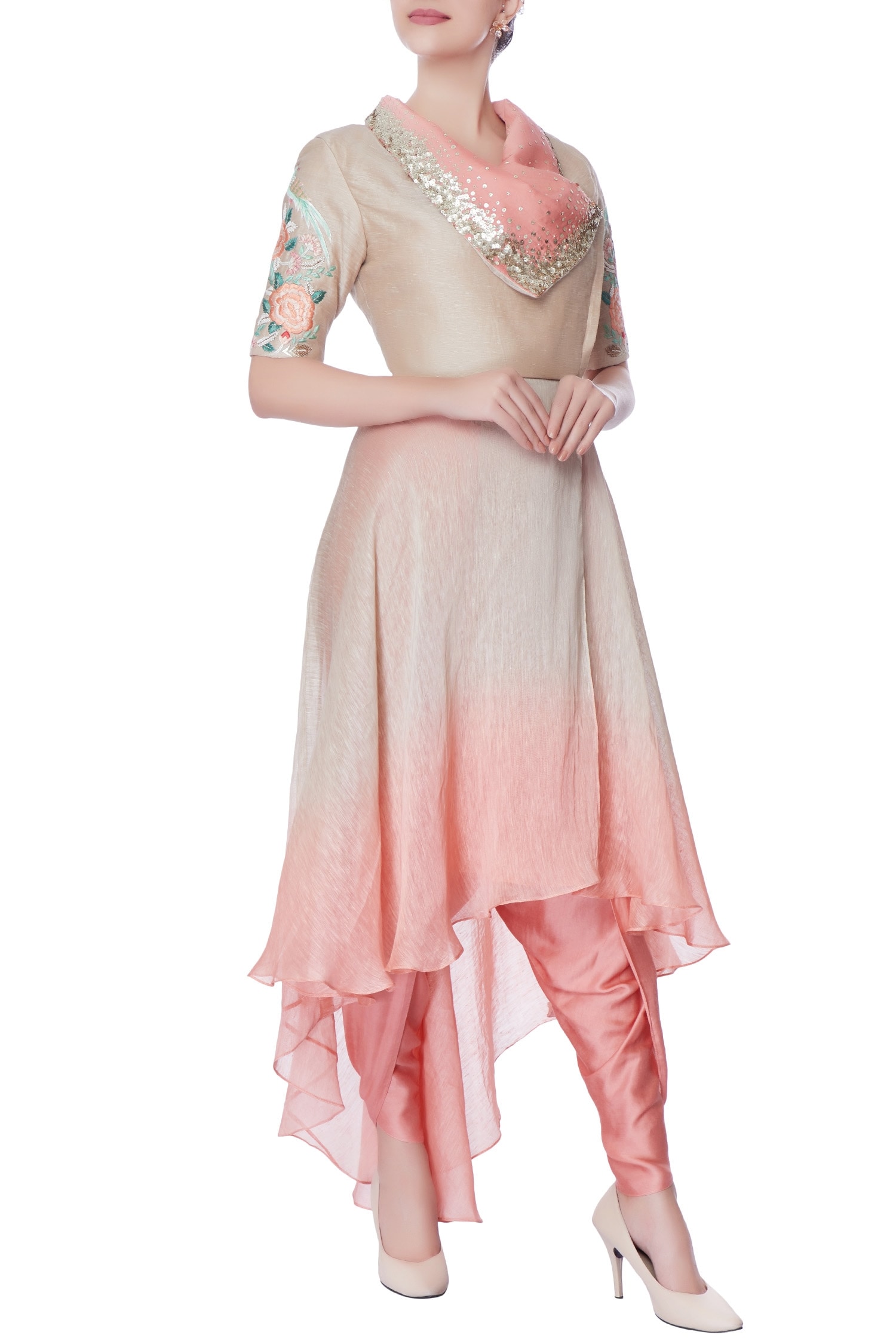 Incheetape Coral Pink And Beige Suit With Dhoti Pants