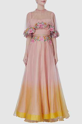 Yellow And Peach Jhoomer Lehenga Set main image 1
