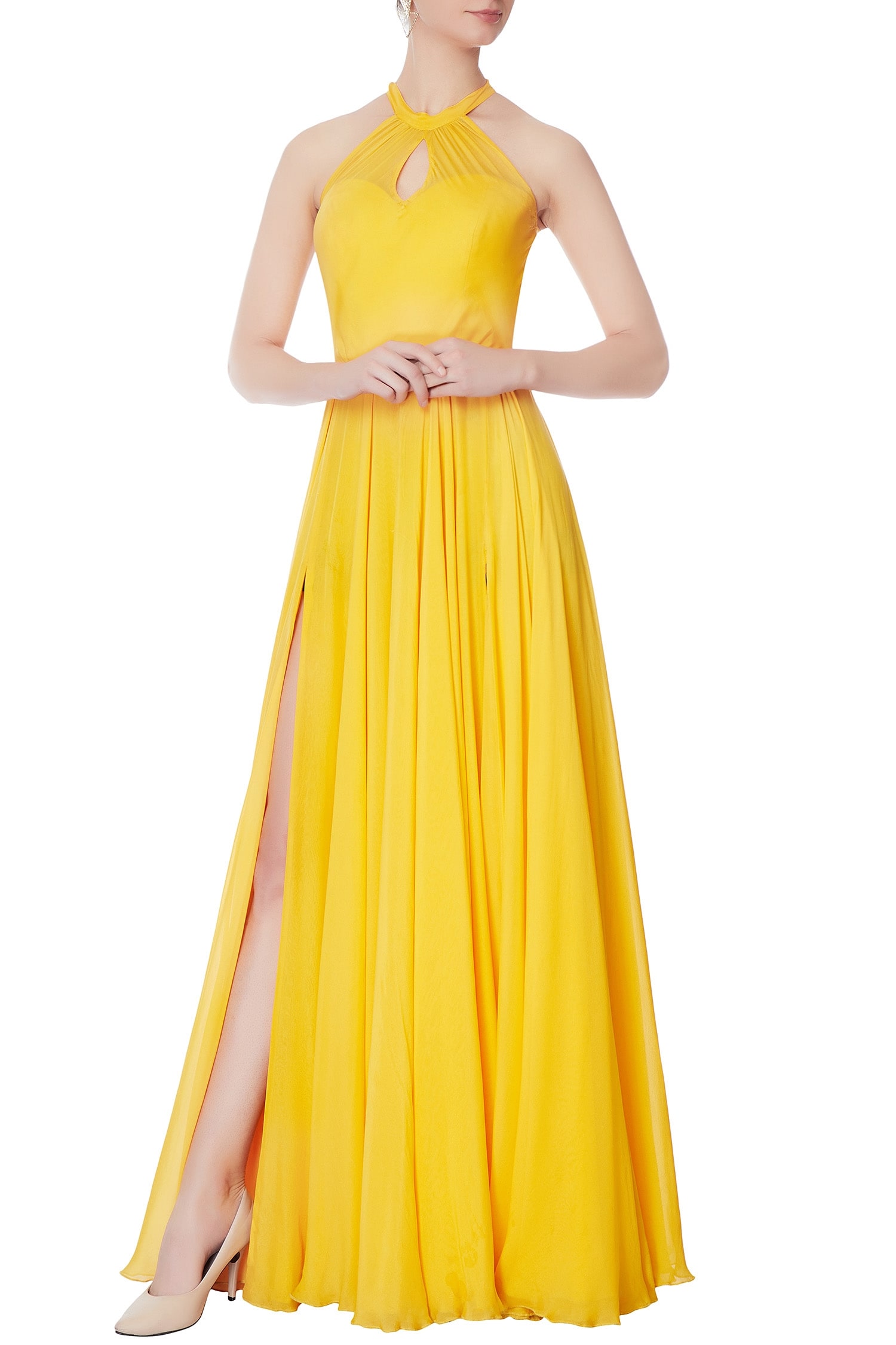 Saisha Shinde Yellow Halter Slit Gown For Women