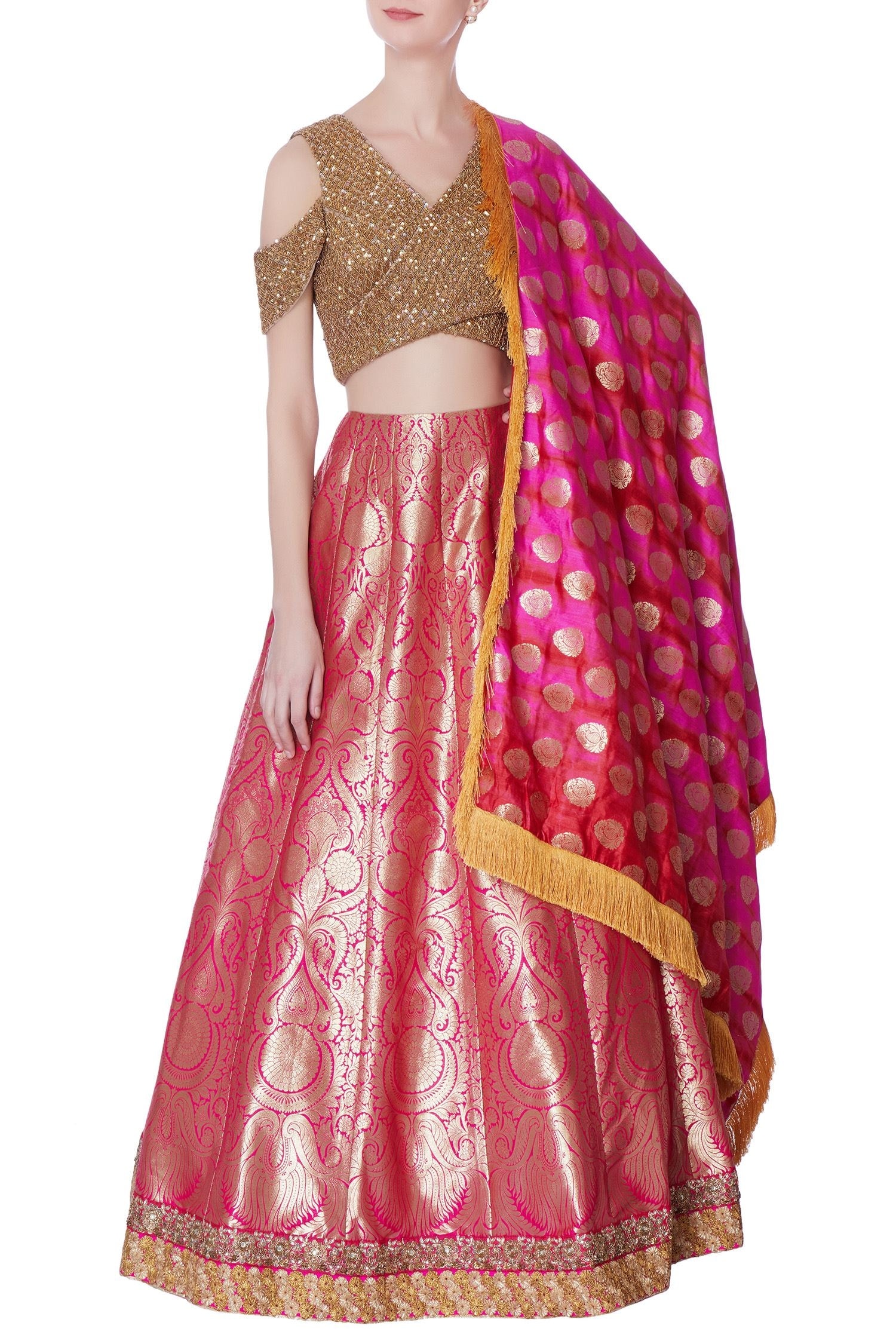 Buy Pink & Golden Semi-Stitched Myntra Lehenga & Unstitched Blouse with  Dupatta Online from EthnicPlus for ₹2999