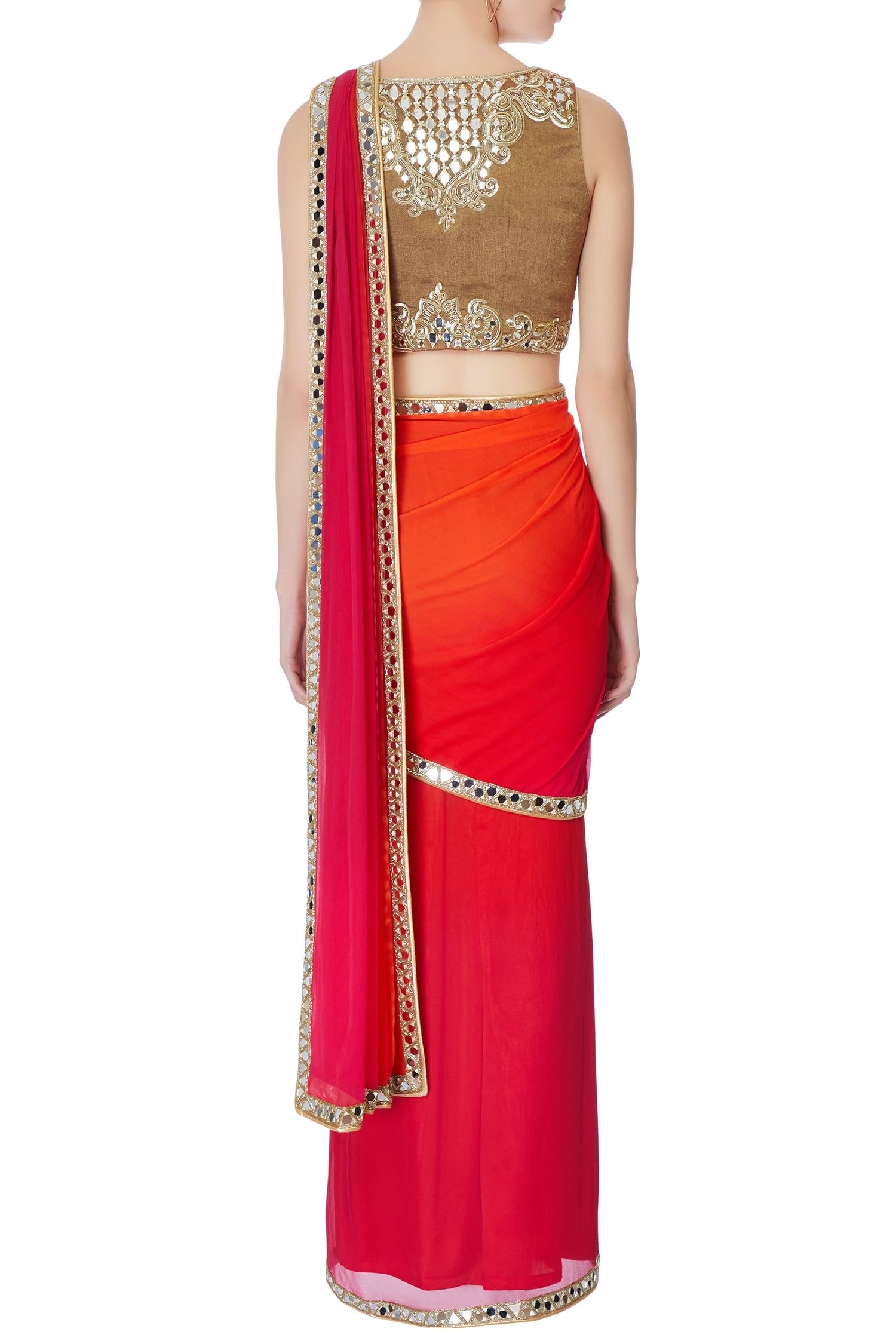 Buy Rajat & Shraddha Red Pre-draped Embroidered Saree With Blouse ...