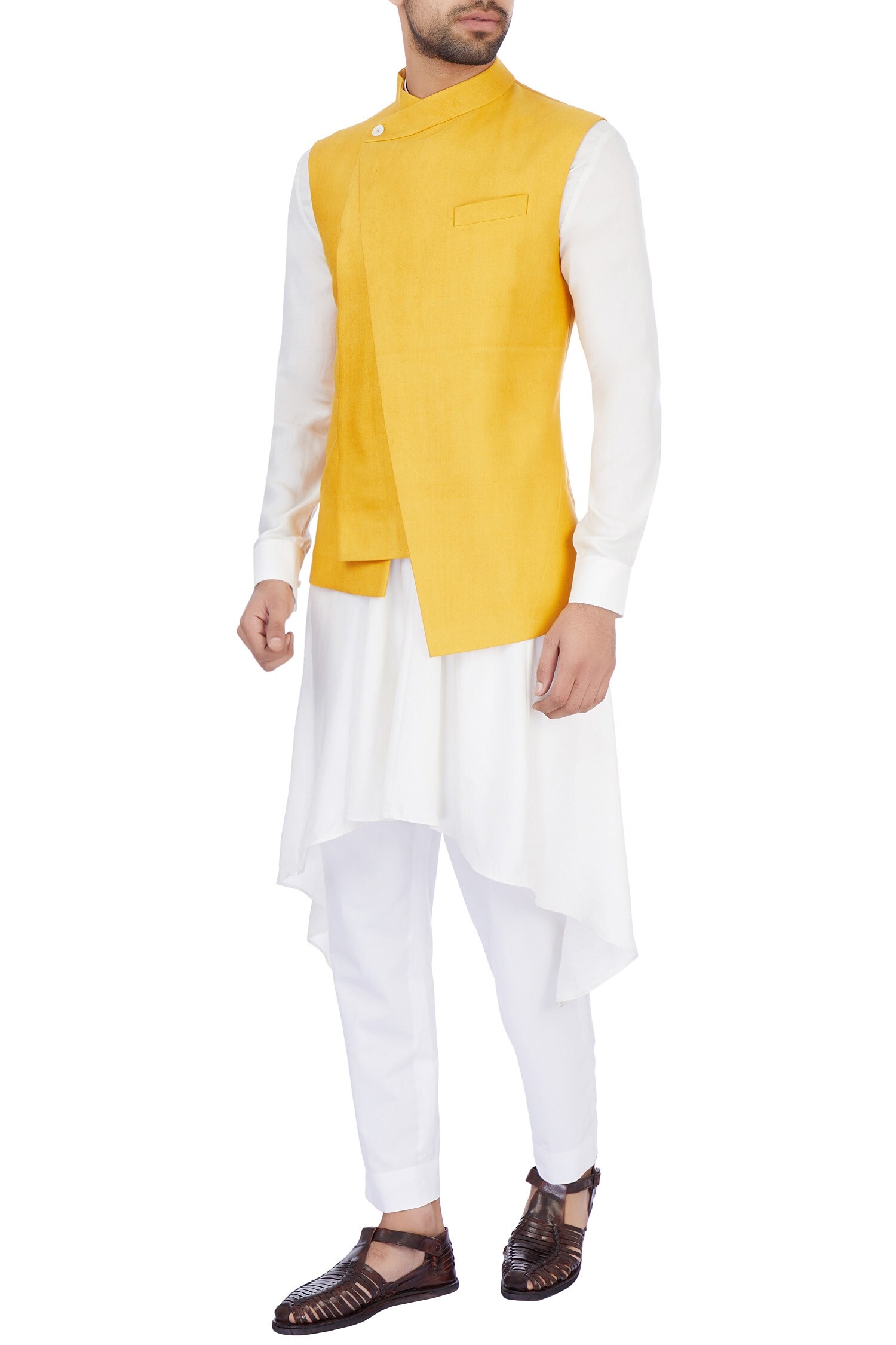 Buy Dhruv Vaish Mustard Yellow Silk Solid Nehru Jacket Online Aza