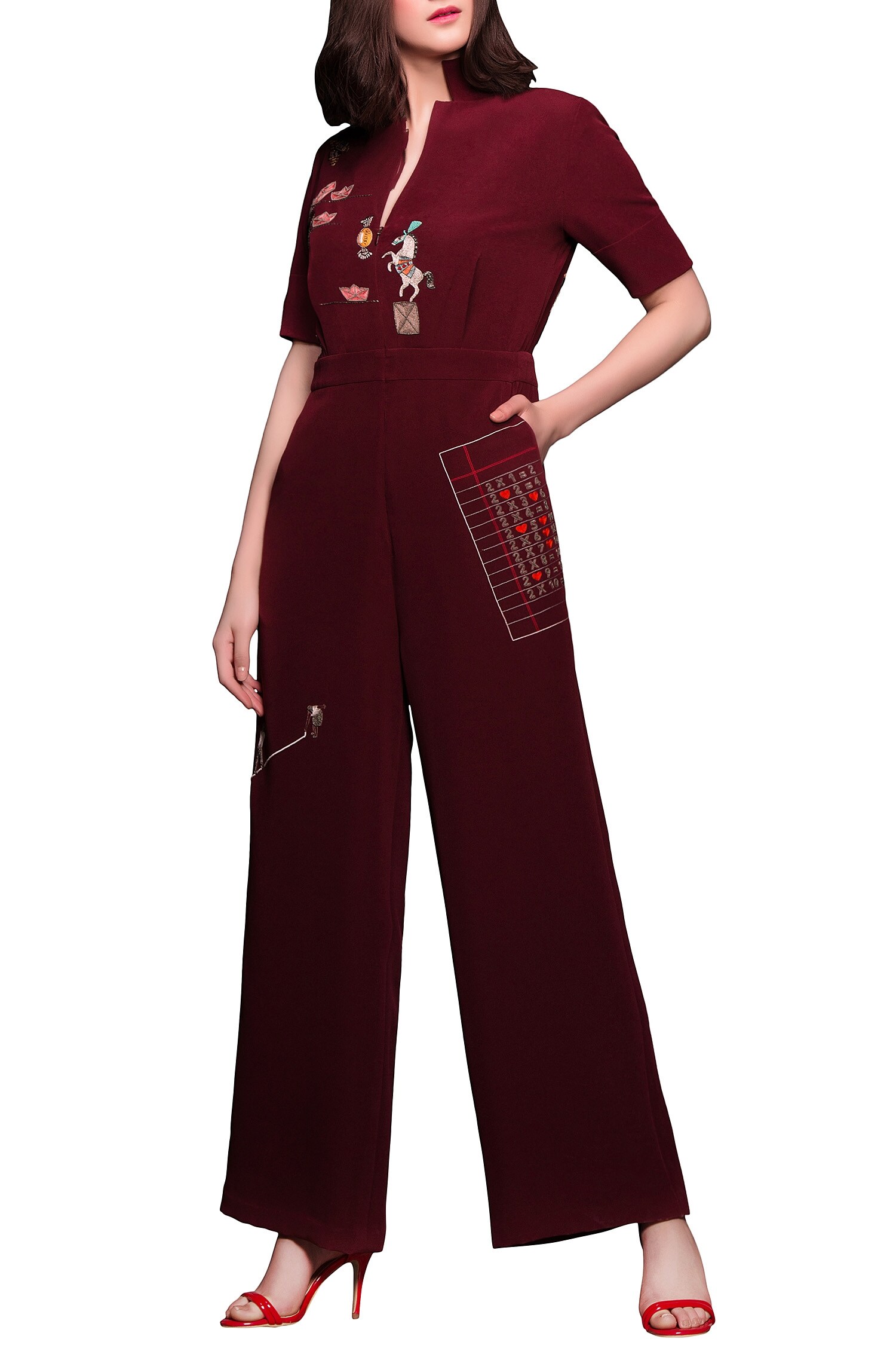 Shahin Mannan Maroon Embroidered Jumpsuit For Women