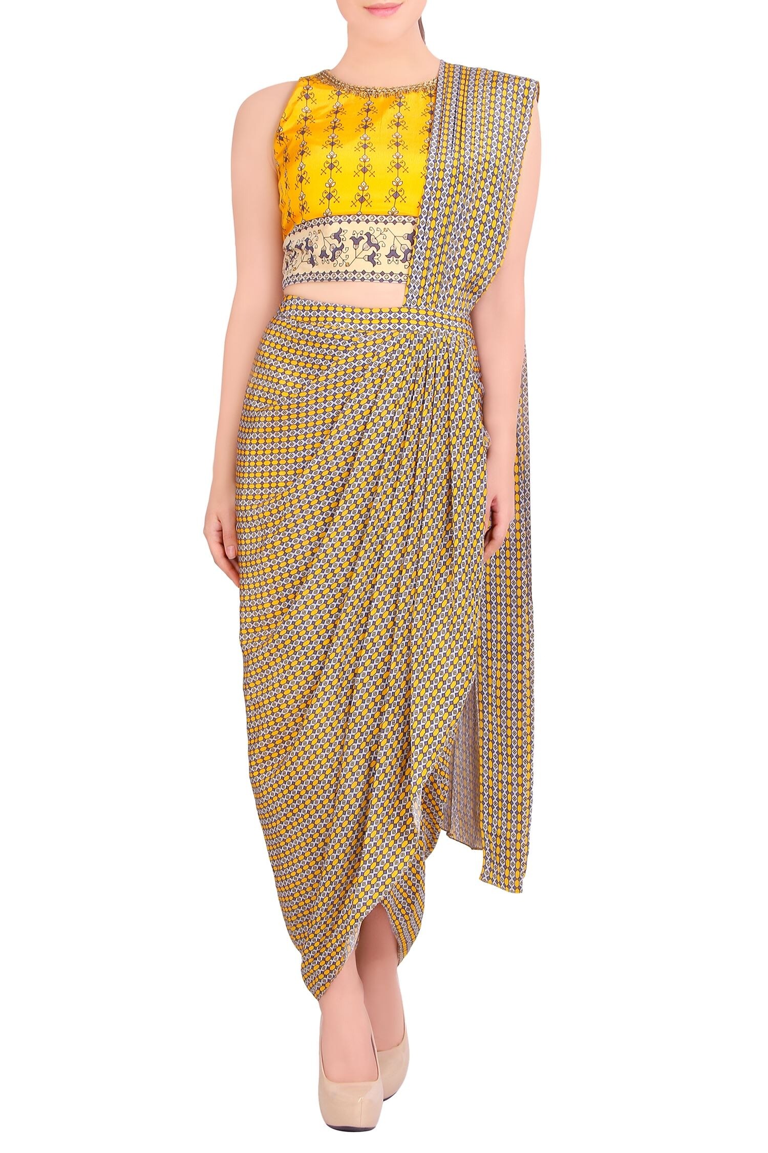 Soup by Sougat Paul Yellow Printed Concept Saree With Blouse For Women
