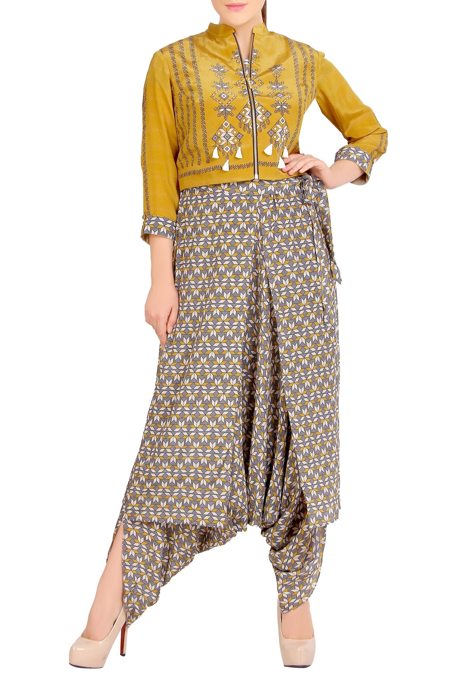 Soup by Sougat Paul Yellow Printed Jumpsuit With Jacket For Women