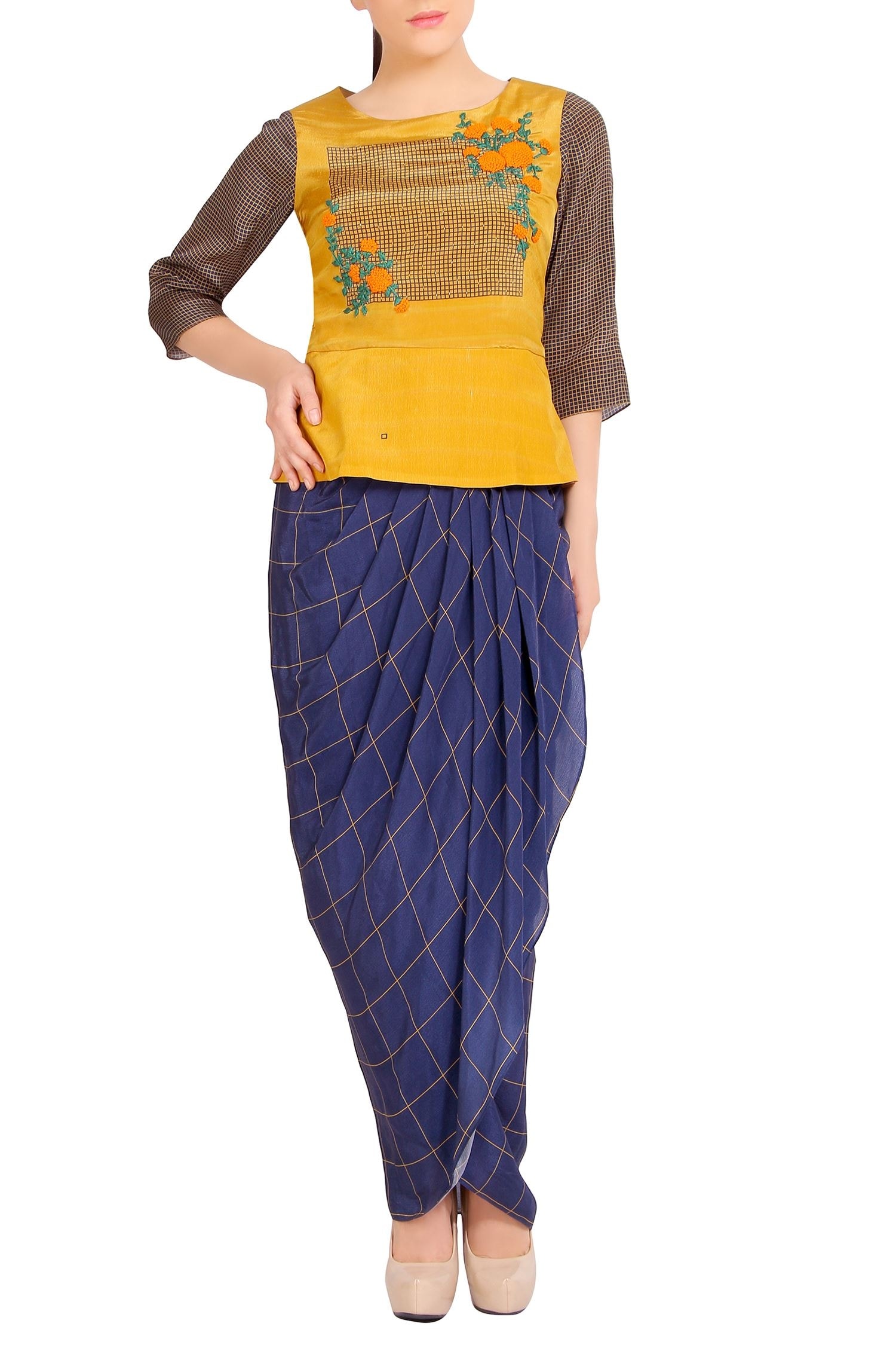 Soup by Sougat Paul Blue Satin Printed Floral Scoop Neck Dhoti Skirt Set For Women