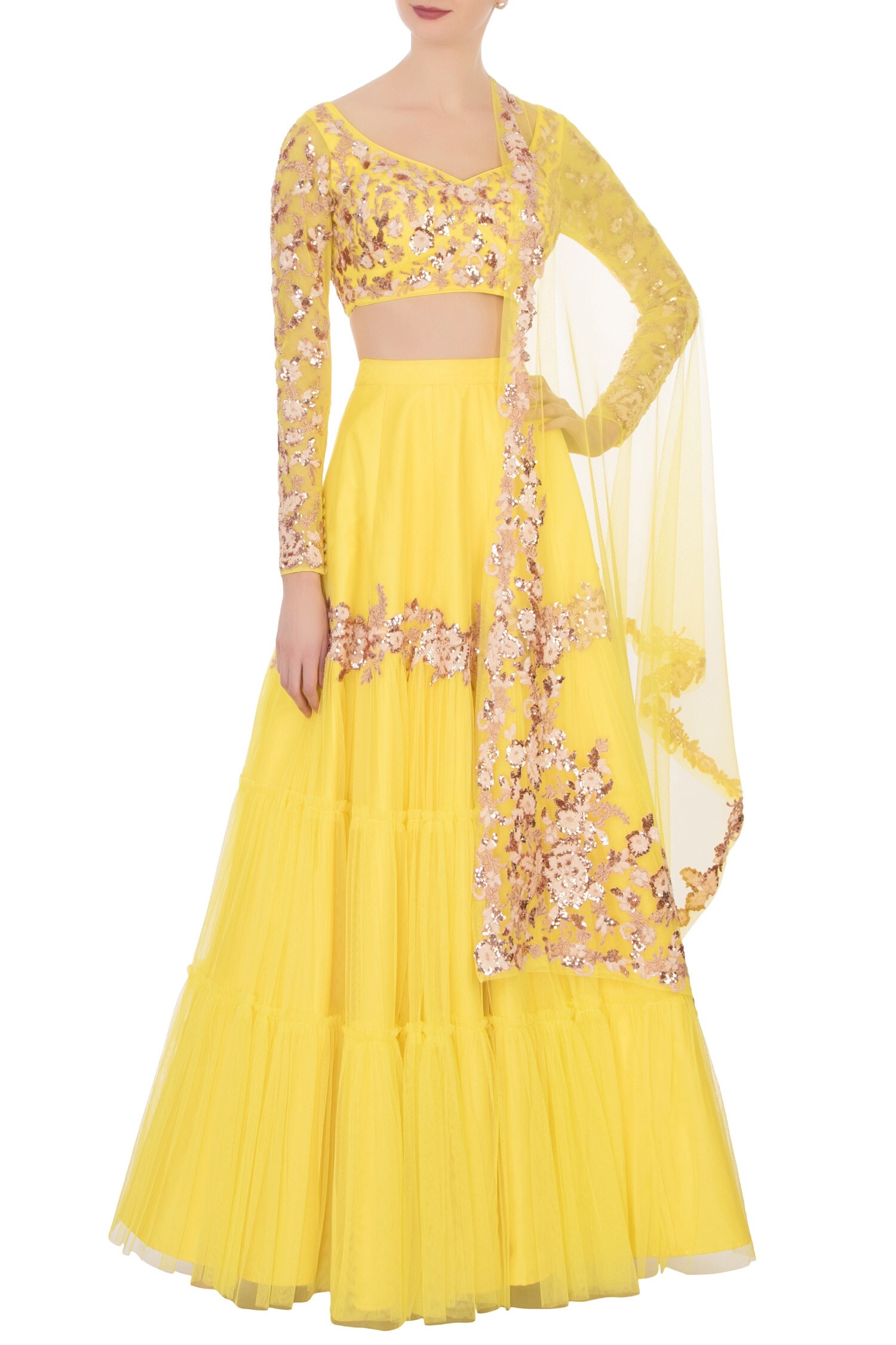 Buy Yellow net tiered lehenga set by Neeta Lulla at Aza Fashions