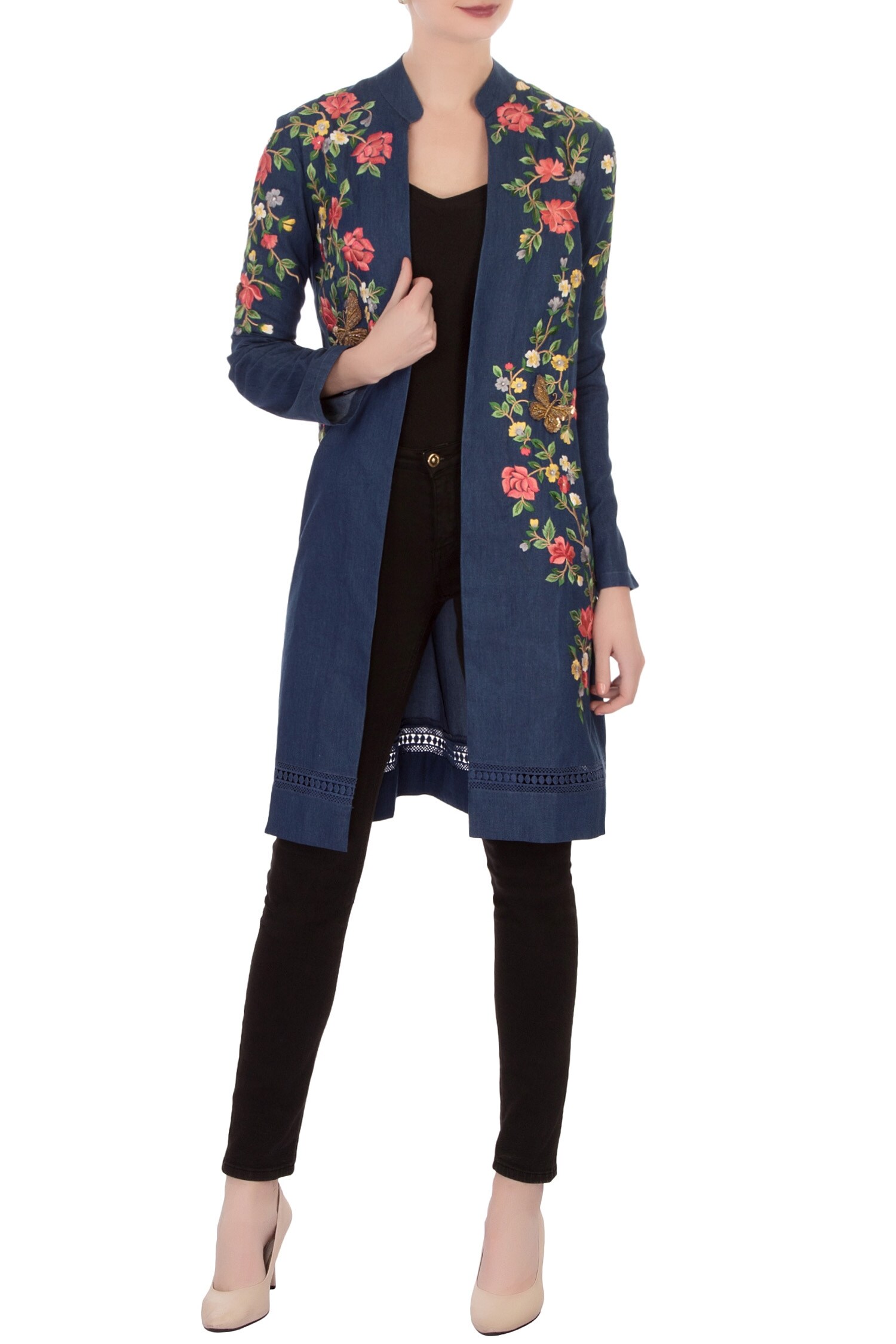 Aqube by Amber Blue Embroidered Denim Front Open Jacket