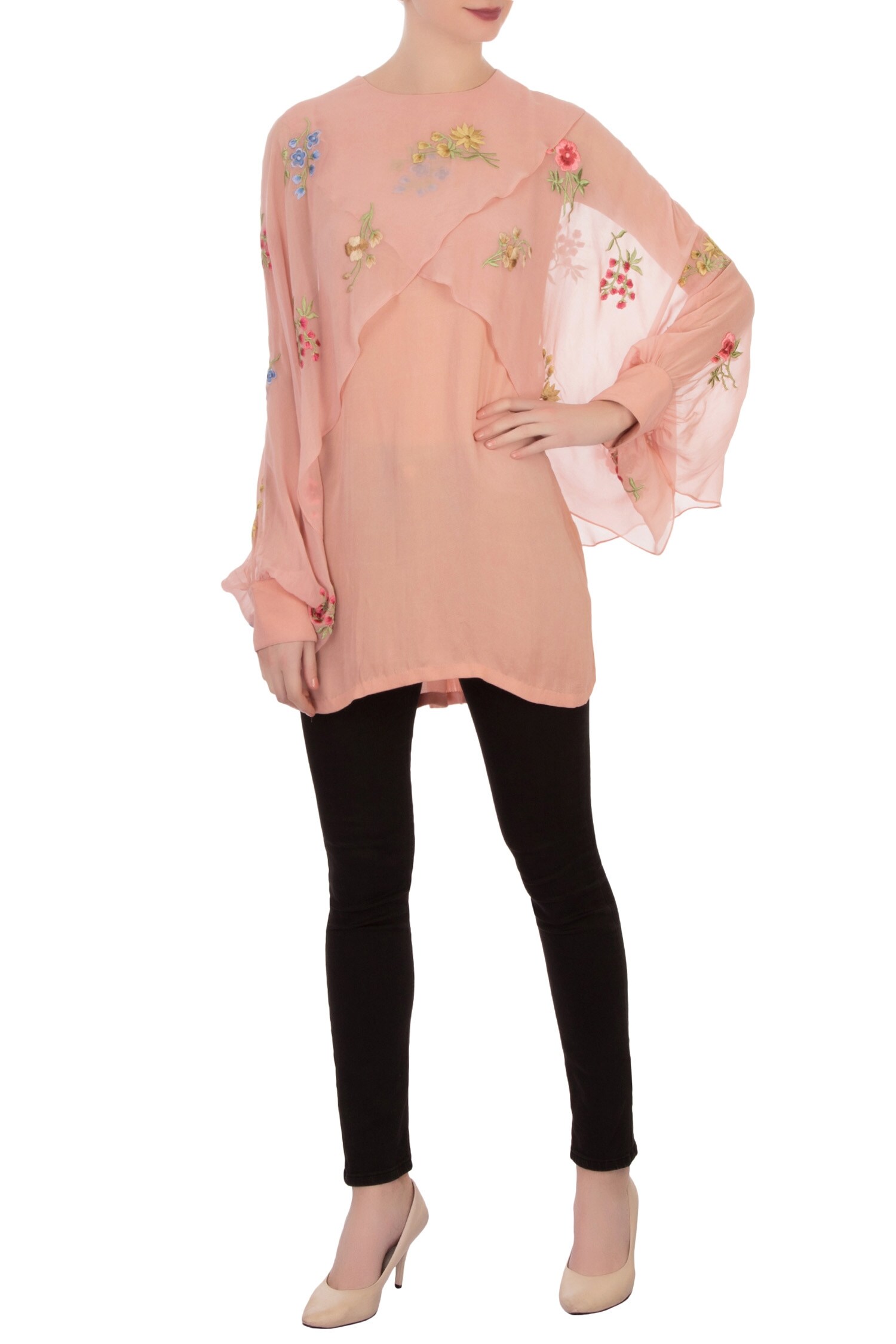 Aqube by Amber Pink Georgette Embroidered Floral Jewel Neck Cape Tunic For Women