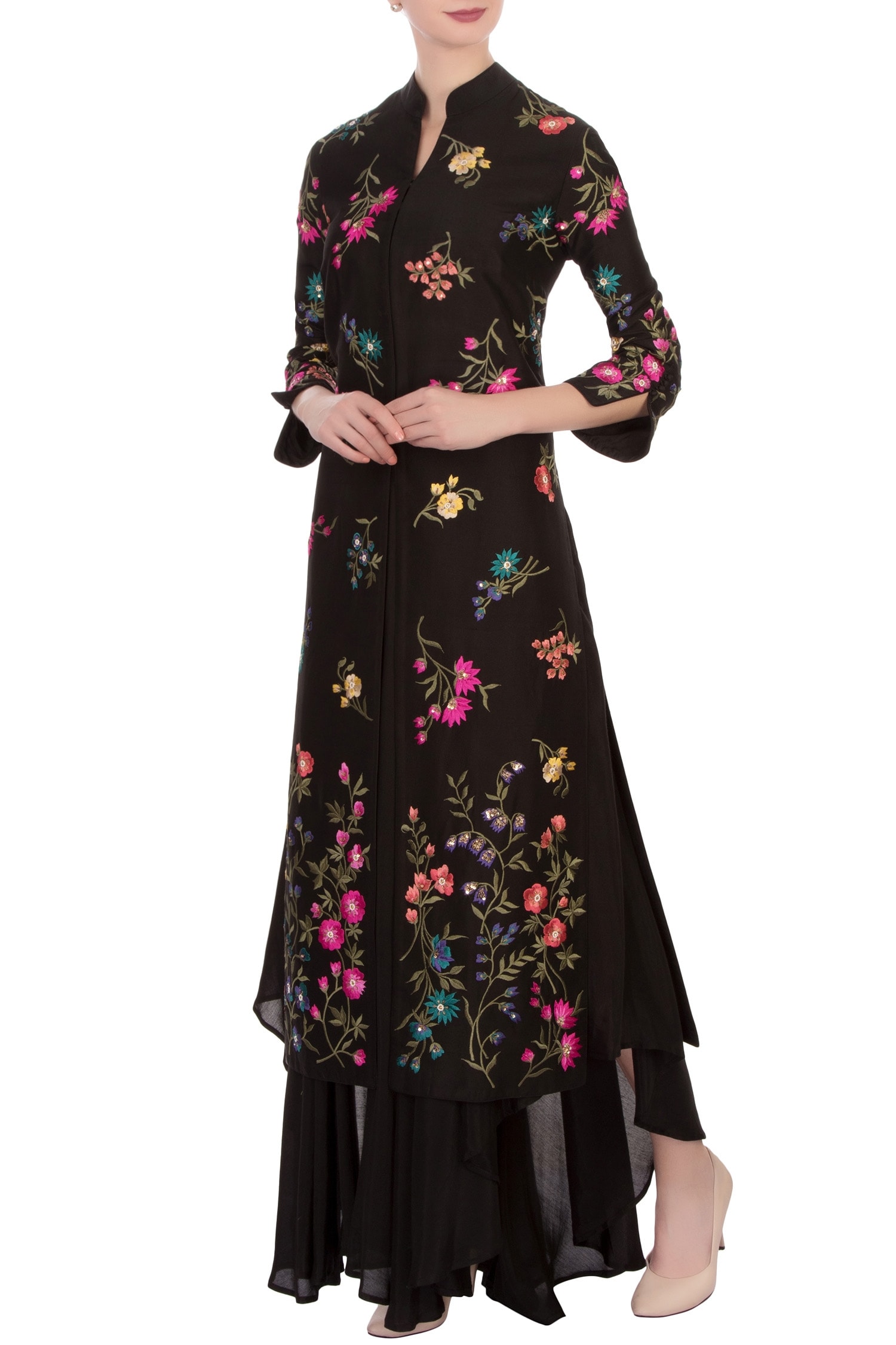Aqube by Amber Black Floral Embroidered Jacket And Flowy Pants