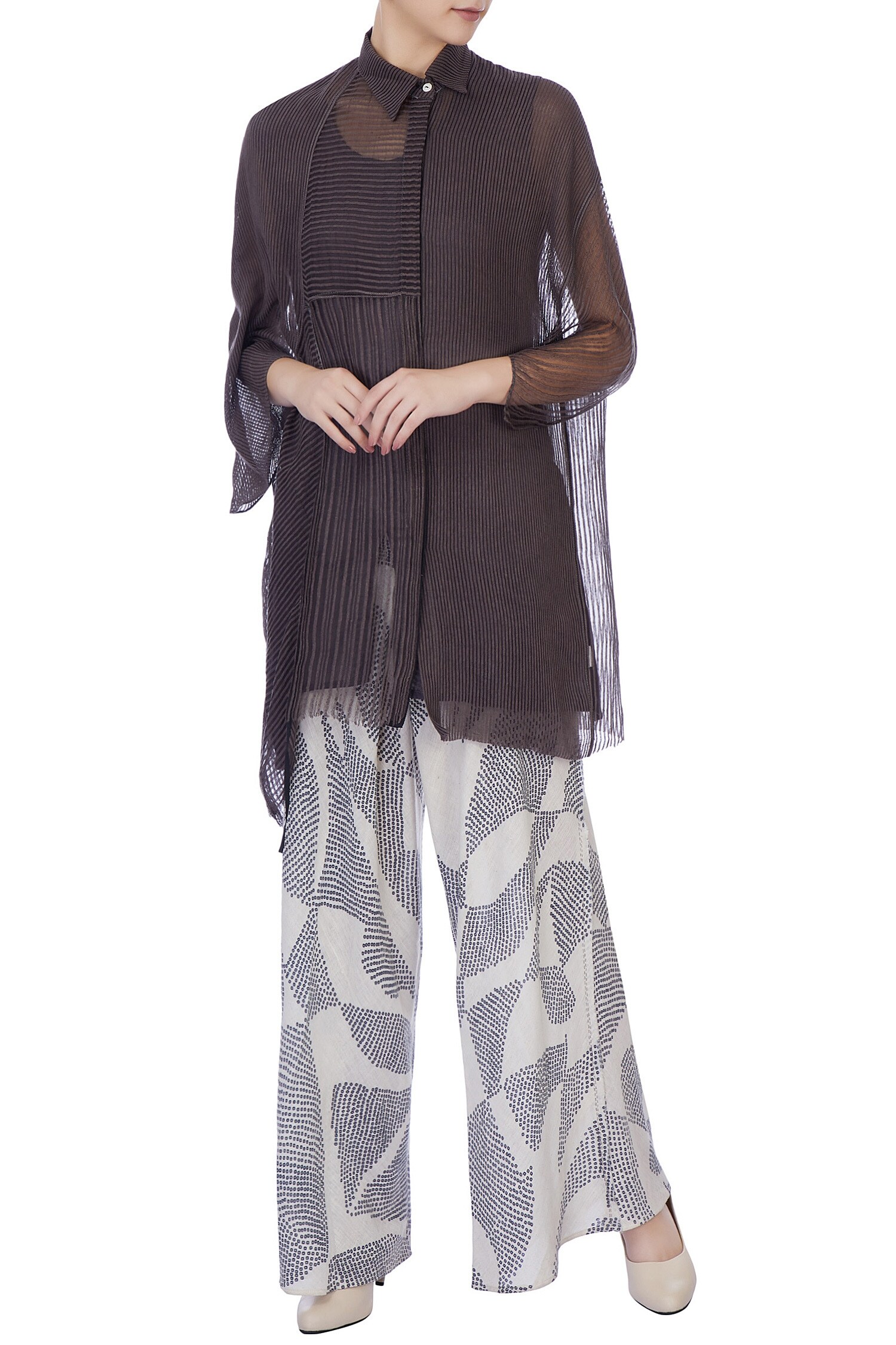 Urvashi Kaur Grey Silk Collared Neck Striped Top And Printed Palazzo For Women