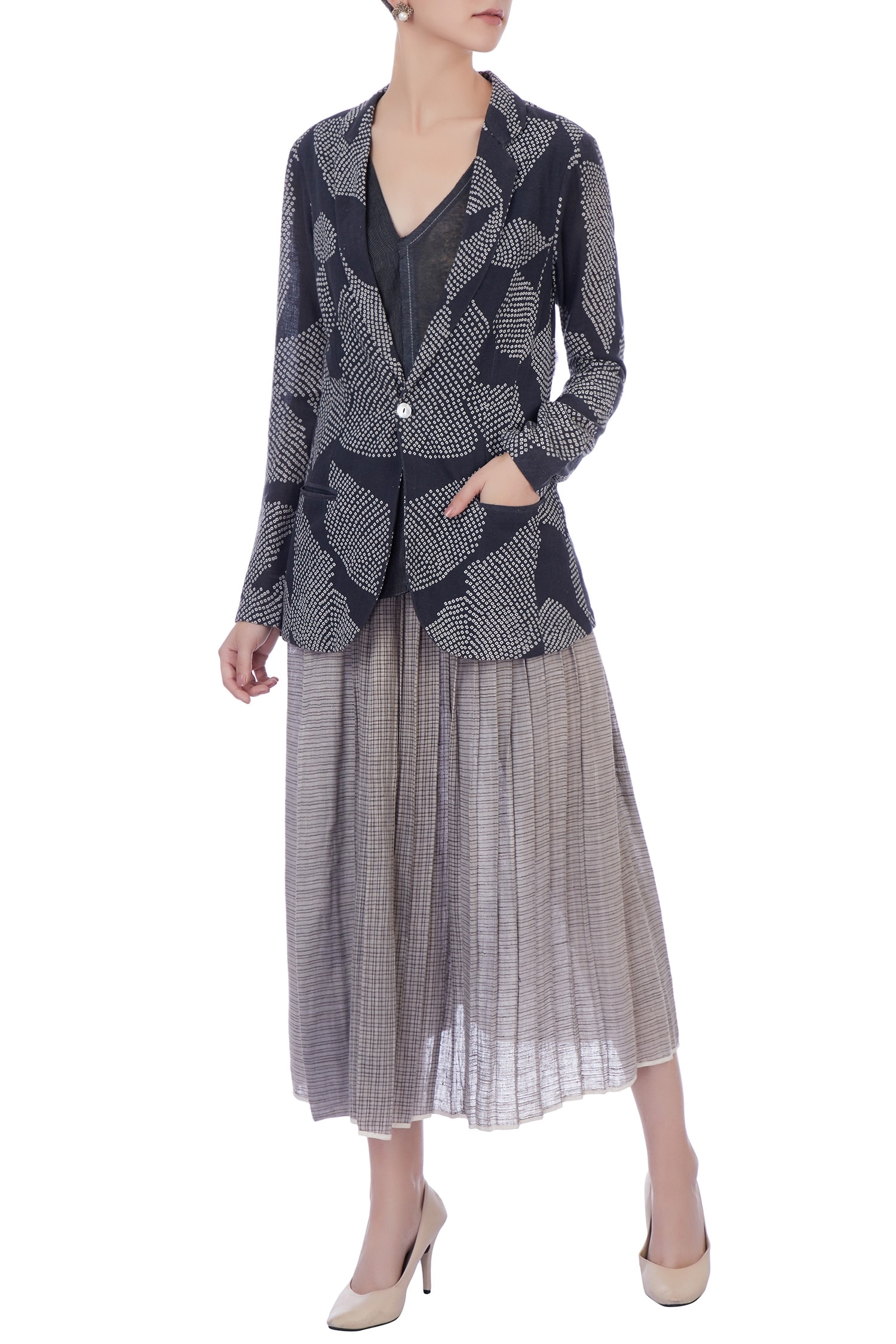 Urvashi Kaur Grey Woven Shibori Tie-dye Notched Collar Cotton Jacket And Skirt Set For Women