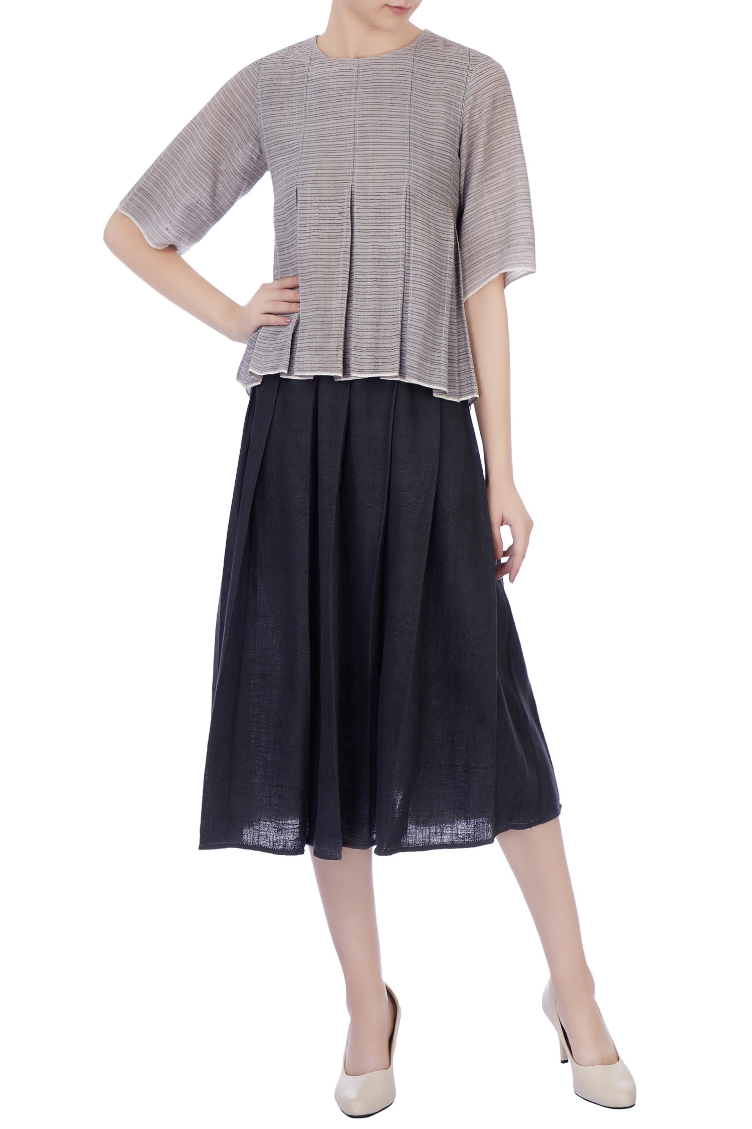 Urvashi Kaur Black Silk Linen Woven Round Neck Pleated Skirt Set For Women