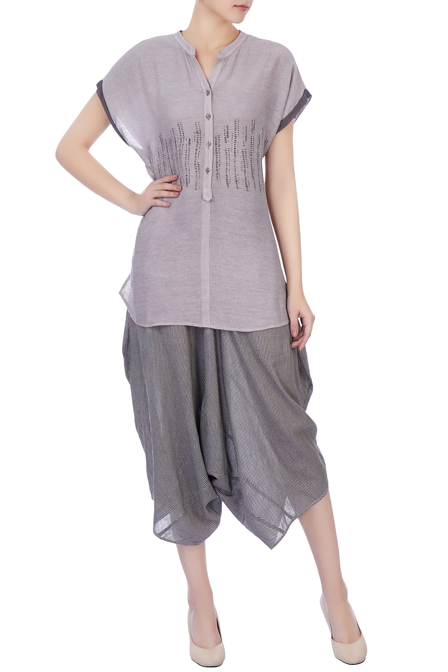 Urvashi Kaur Grey Handwoven Cotton. Handwoven Silk Block Print Tunic And Striped Pant Set