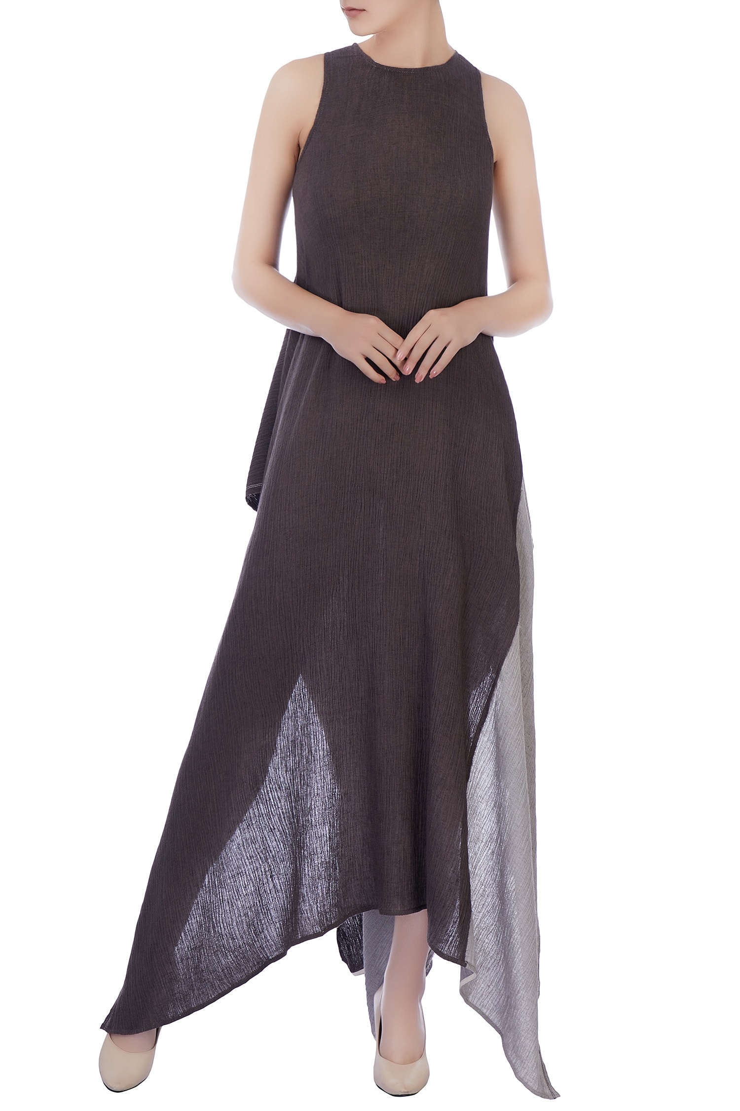 Urvashi Kaur Black Crinkle Cotton Plain Na Round Neck Asymmetric Dress For Women
