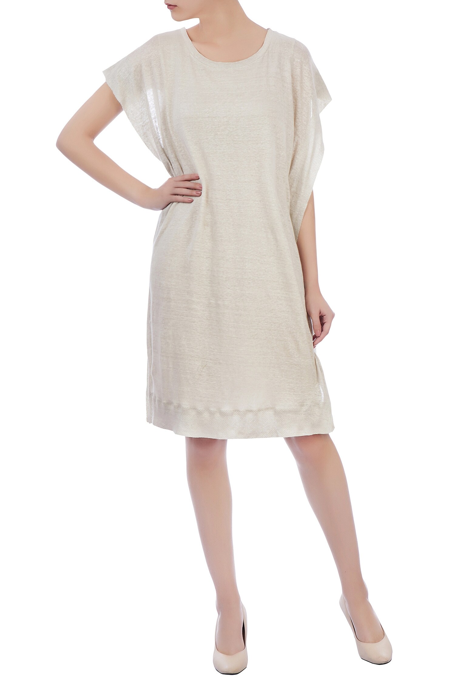 Urvashi Kaur Grey Silk Linen Printed Checks Round Organic Handwoven Cotton Dress For Women