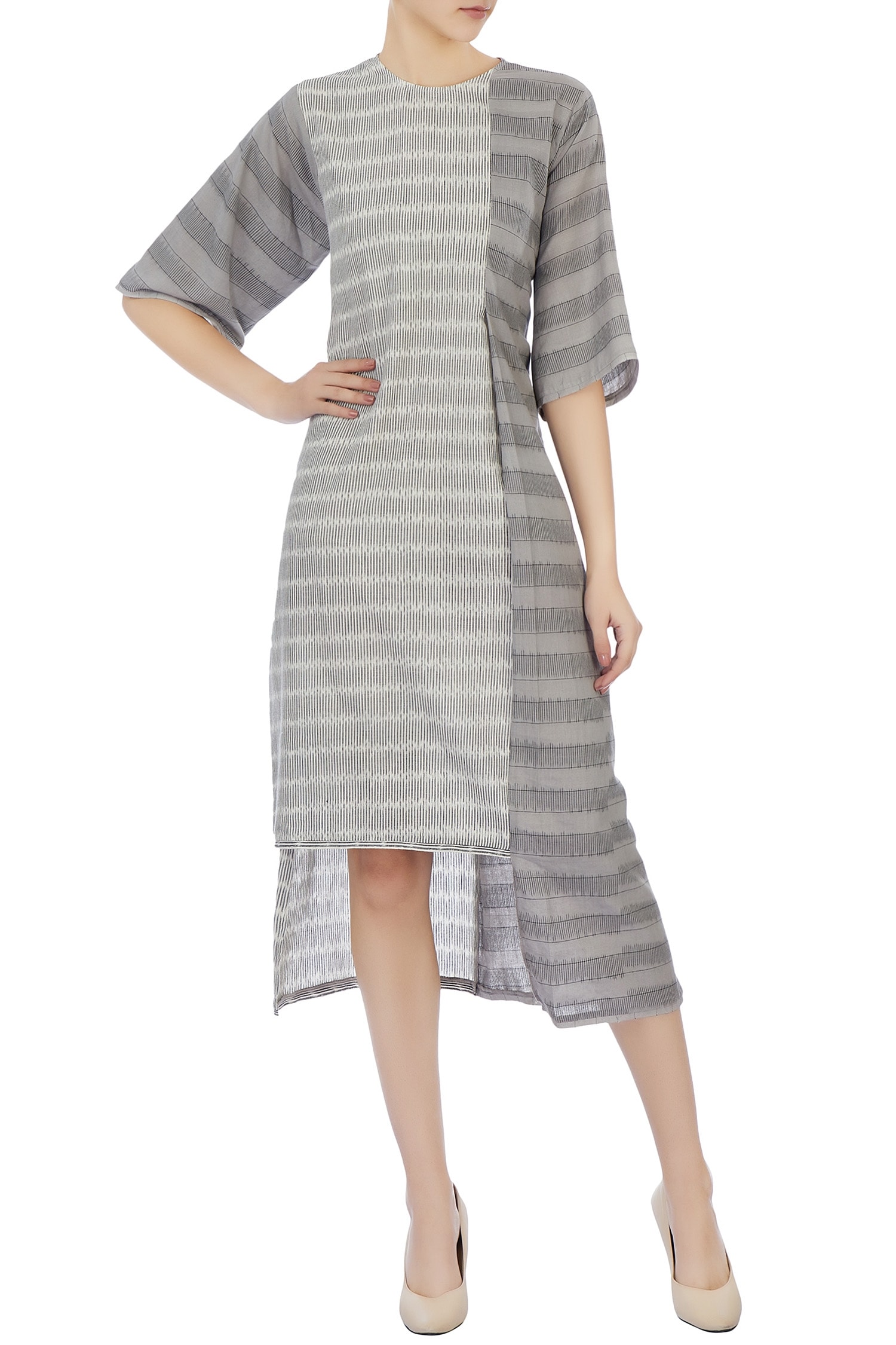 Urvashi Kaur Grey Organic Handwoven Cotton Stripes Round Dress For Women