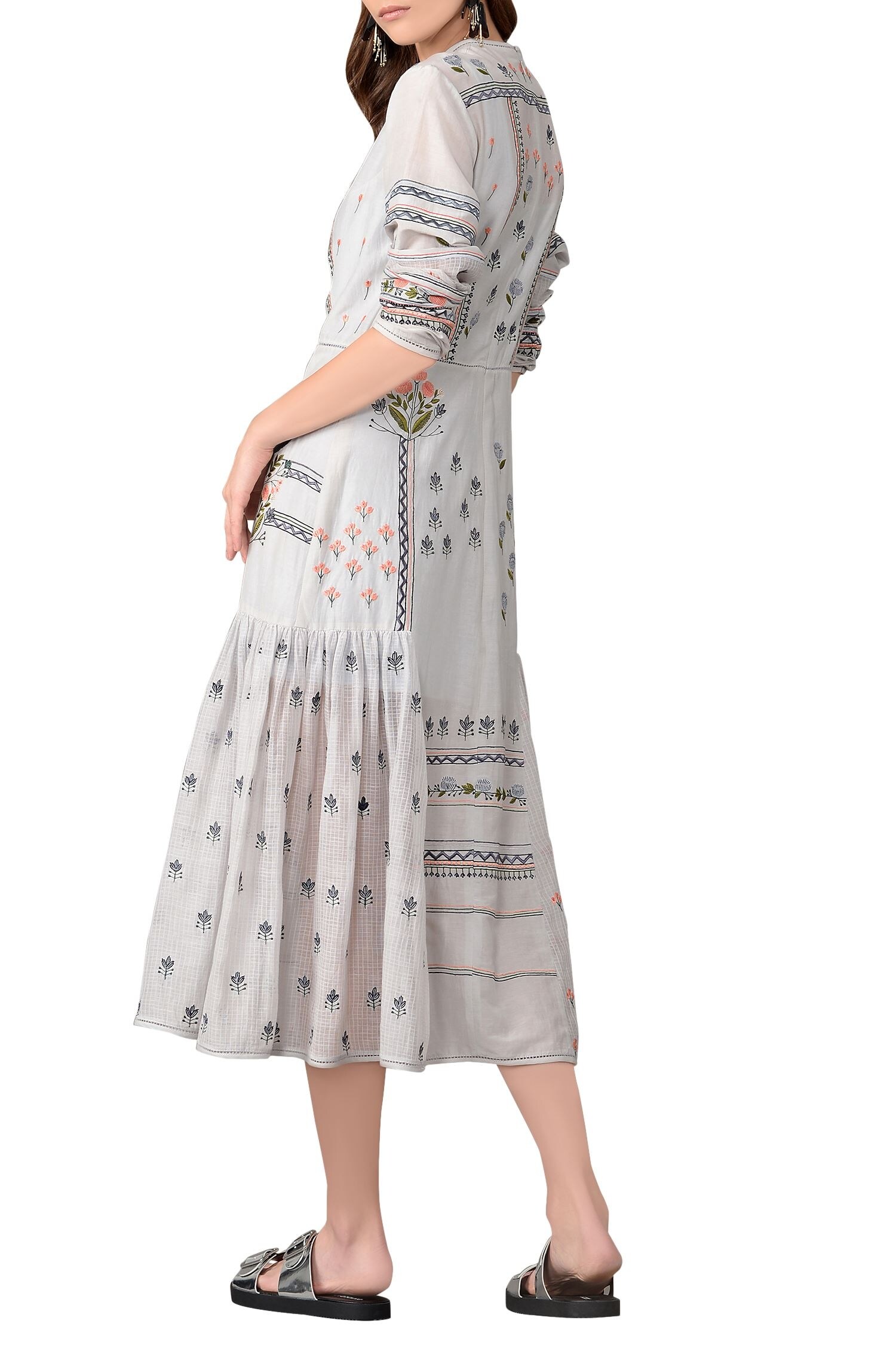 Buy Sahil Kochhar Grey Floral Embroidered Cotton Silk Dress Online