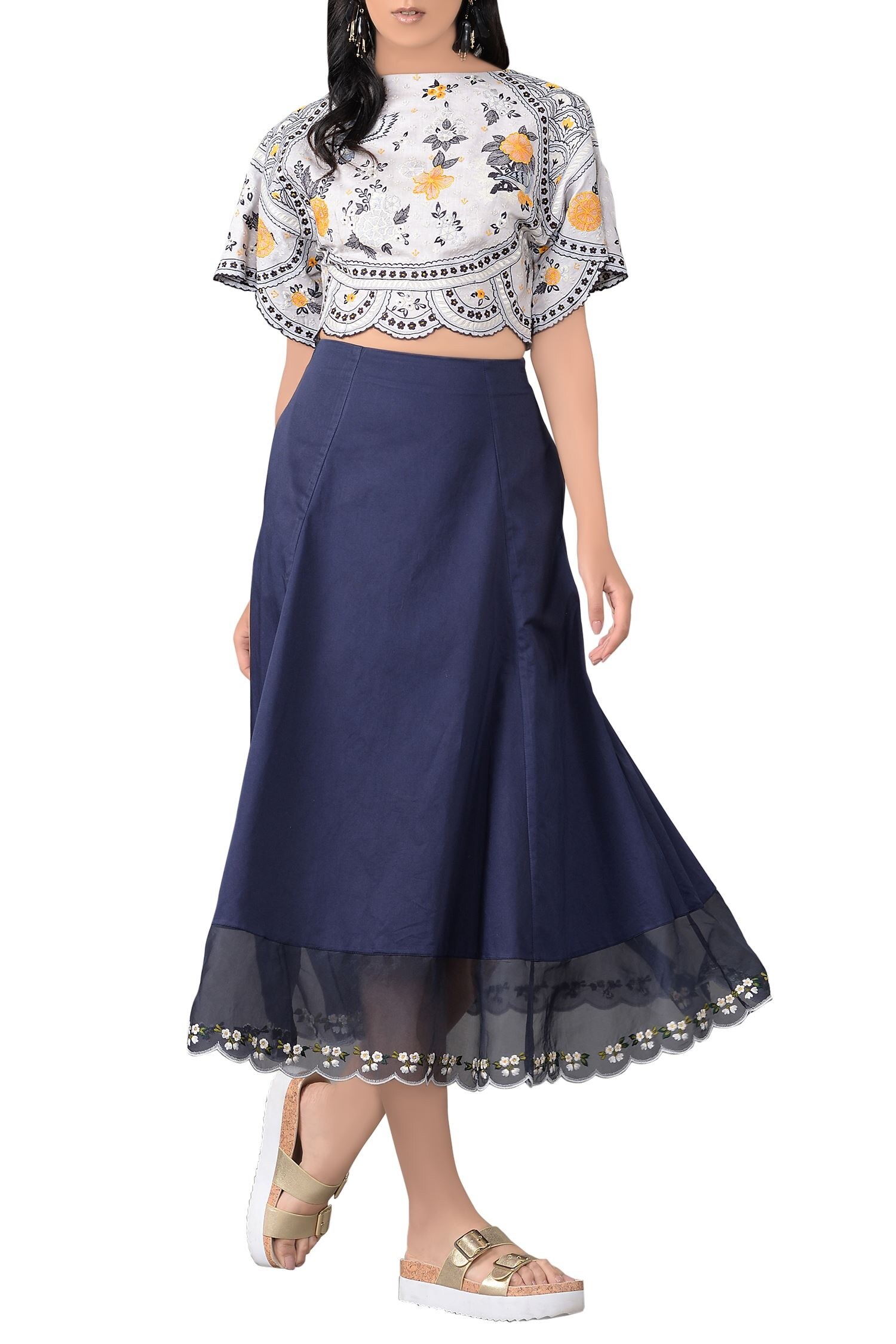 Sahil Kochhar Blue Embroidered Floral Motifs Boat Neck Skirt Set For Women