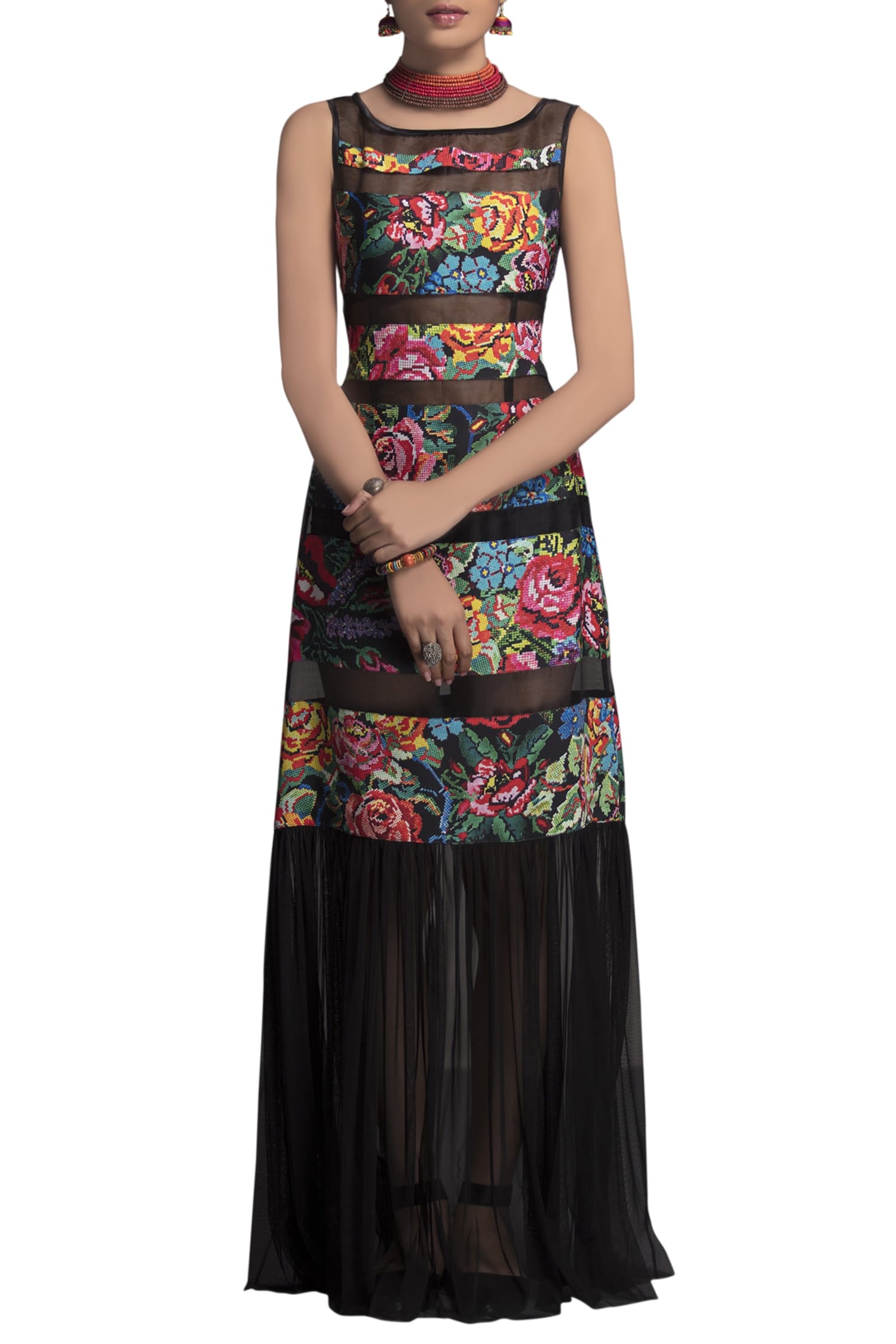 Payal Jain Black Chanderi Printed Floral Boat Neck Gown For Women