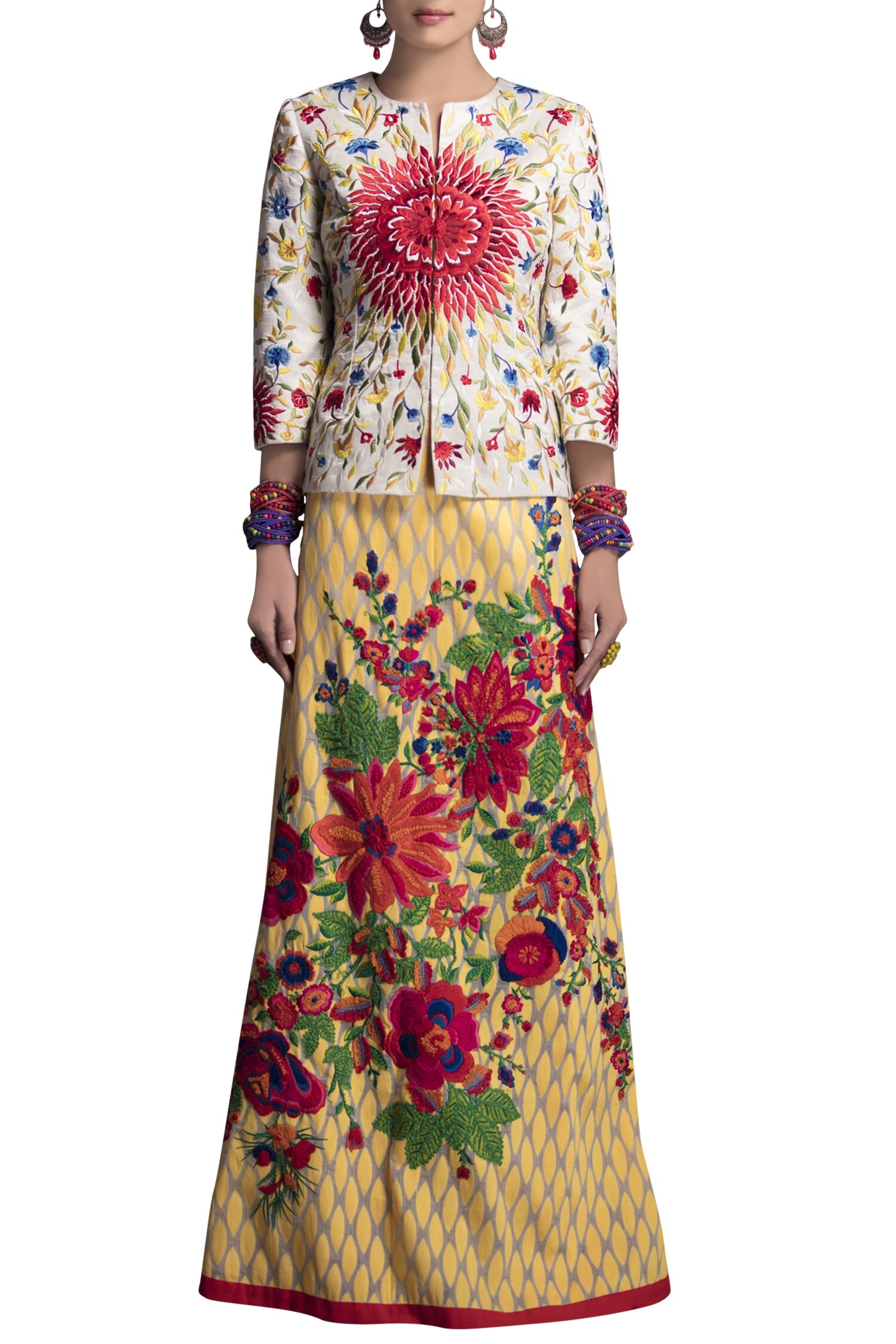 Payal Jain Yellow Linen Satin Notched Embroidered Jacket Lehenga Set For Women