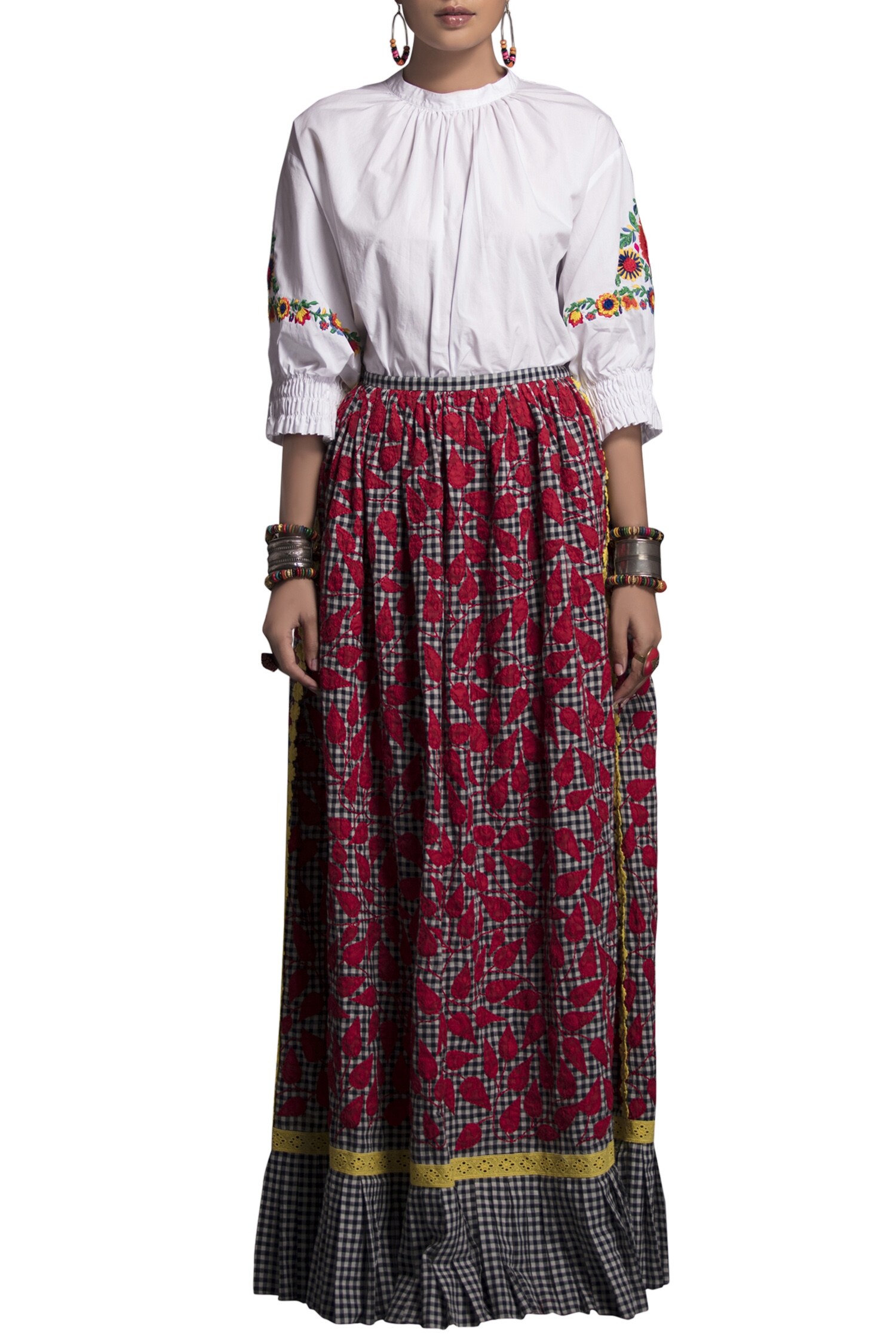 Payal Jain White Cotton Embroidered Gingham Checks Round Neck Applique Skirt Set For Women