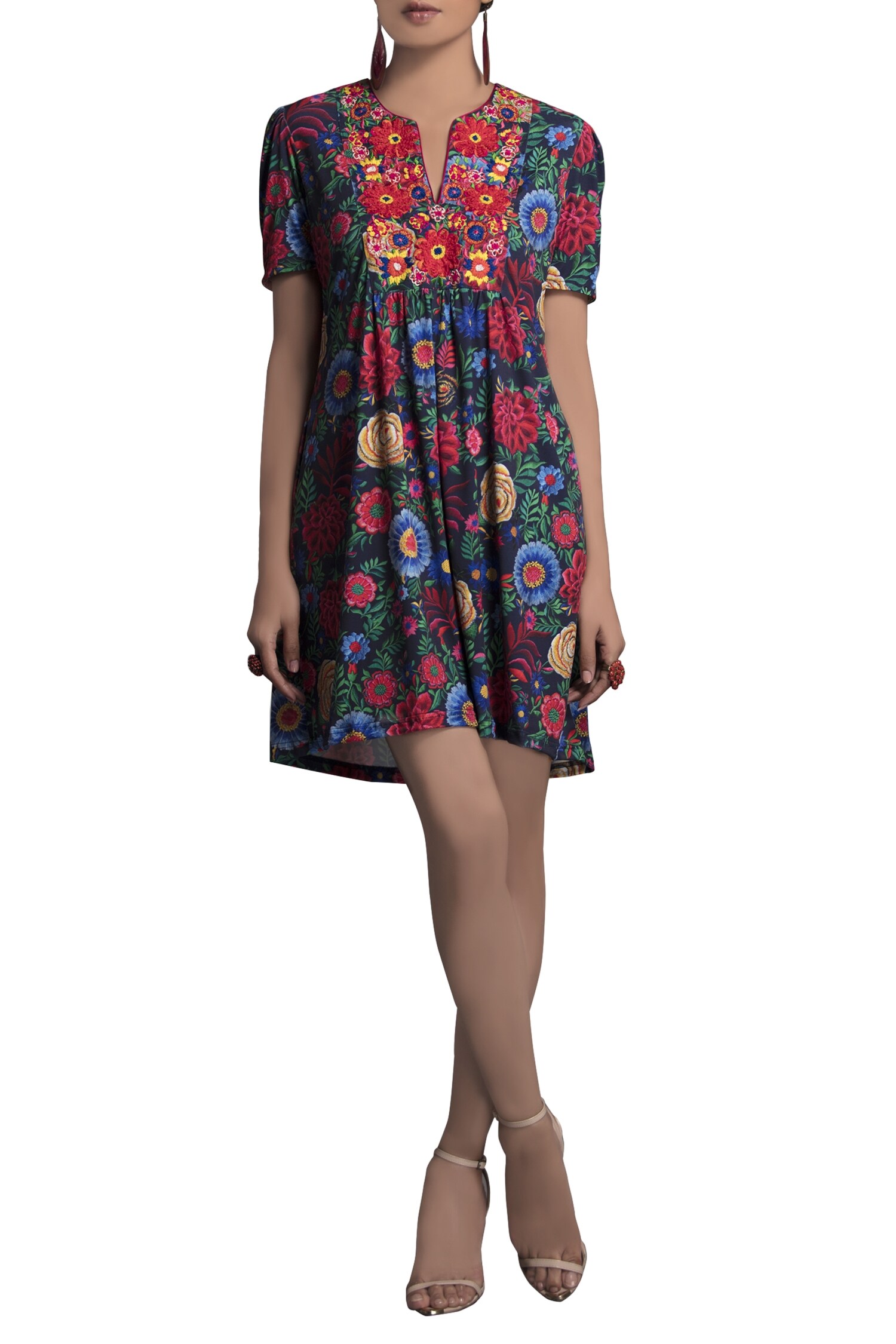 Payal Jain Multi Color Jersey Printed Floral Notched Tunic For Women