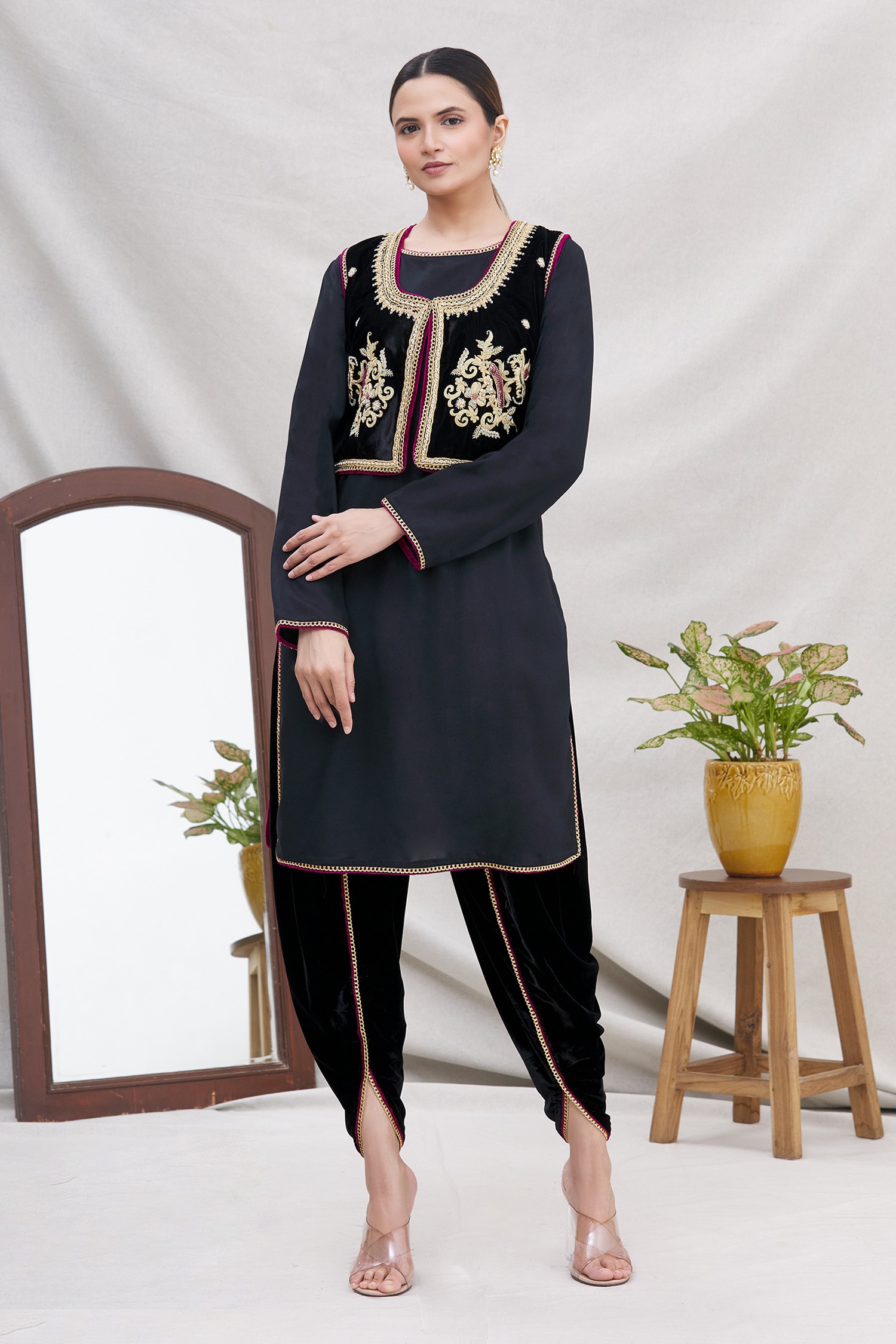 Buy Ekta Singh Black Velvet Jacket And Dhoti Pant Set Online | Aza Fashions